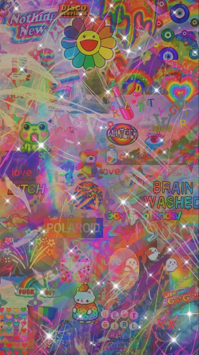 Aesthetic background with many stickers, sparkles, and a rainbow. - Colorful
