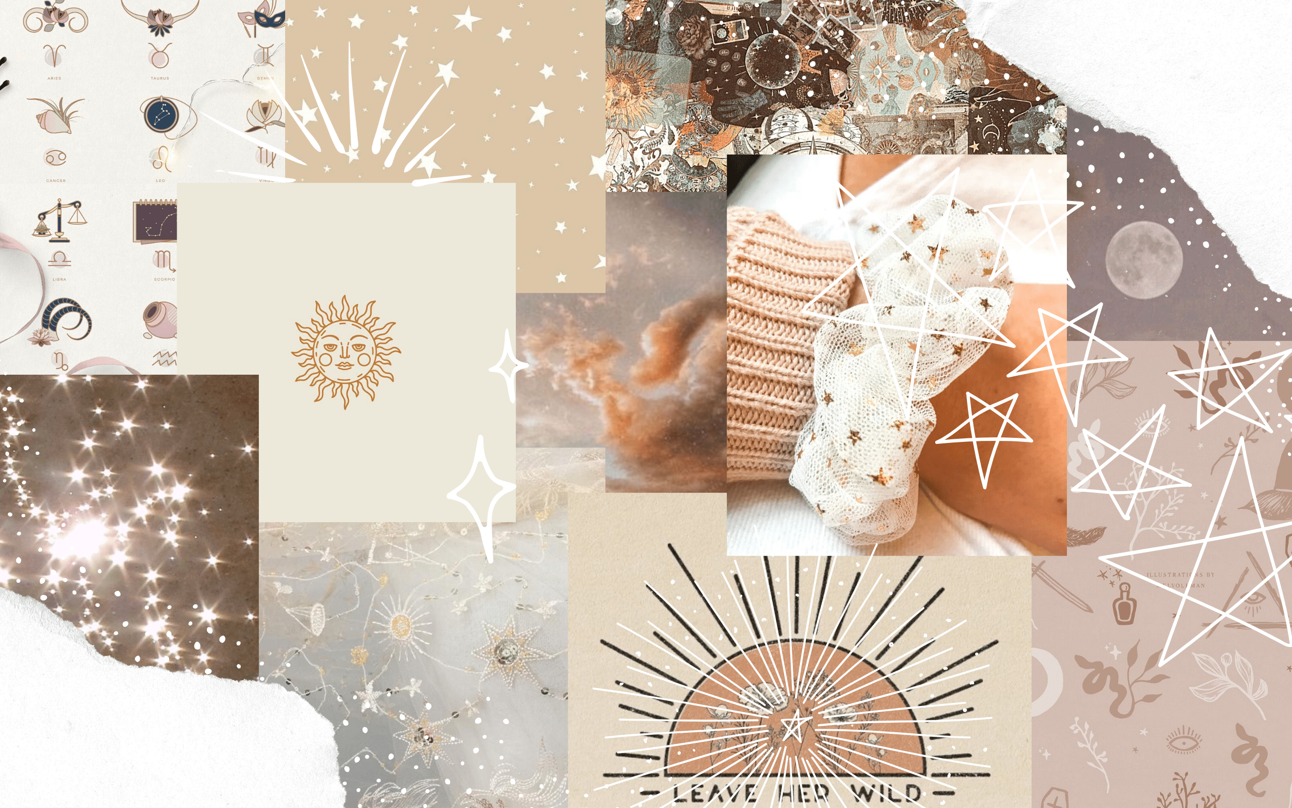 A collage of images, including a sun, clouds, and stars, on a beige and brown background. - Laptop
