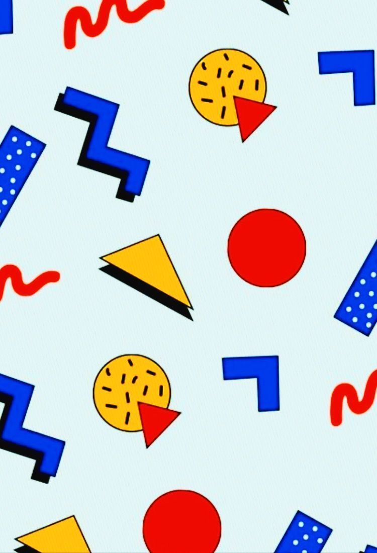 90s Memphis pattern design with red, yellow and blue shapes on a white background - Colorful