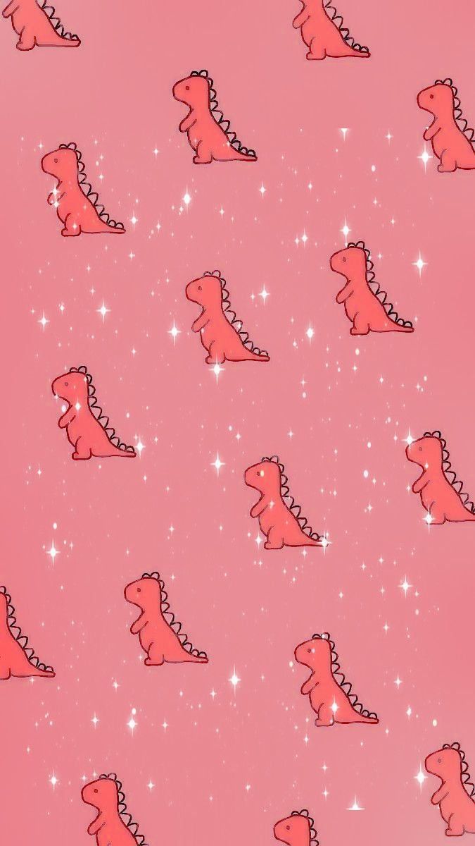 A pattern of cute dinosaurs on pink background - Red, dinosaur