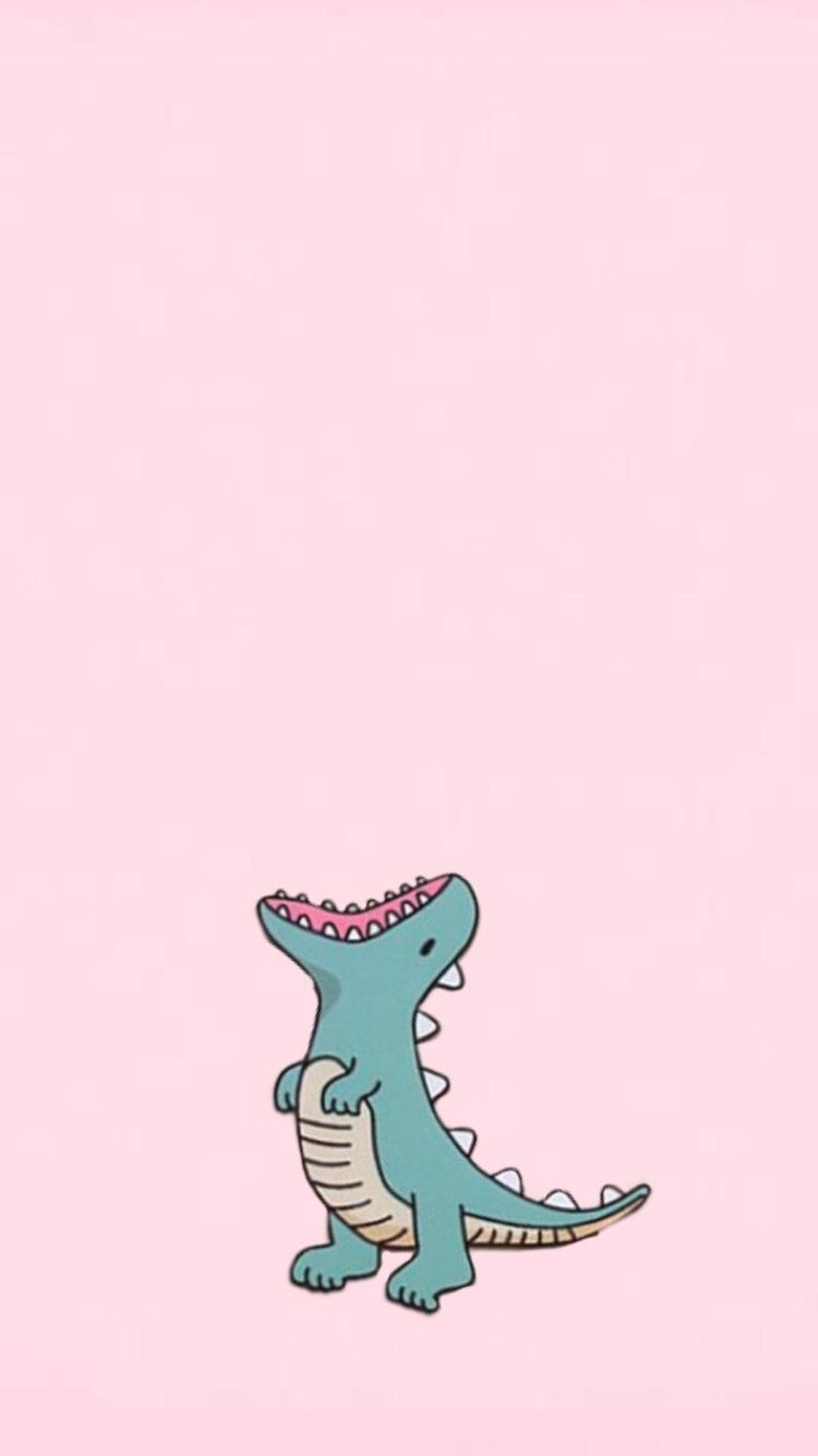 A pink background with a blue dinosaur in the foreground - Cute, dinosaur