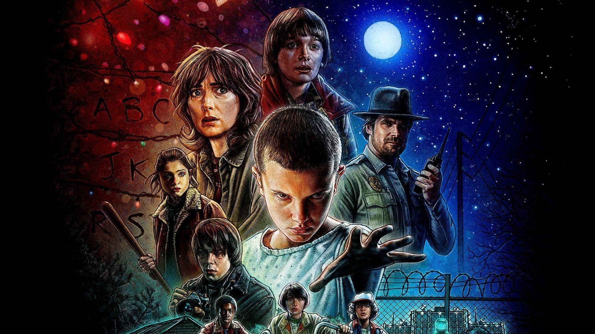 The cast of Stranger Things on a poster for the show - Stranger Things