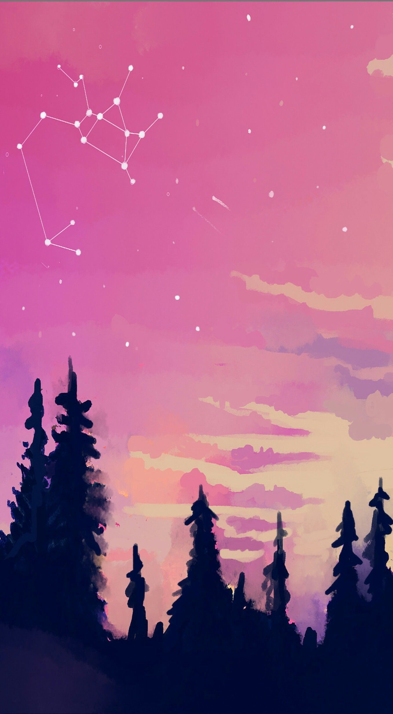 A painting of a pink and purple sky with stars and a constellation. - Constellation, art, Taurus