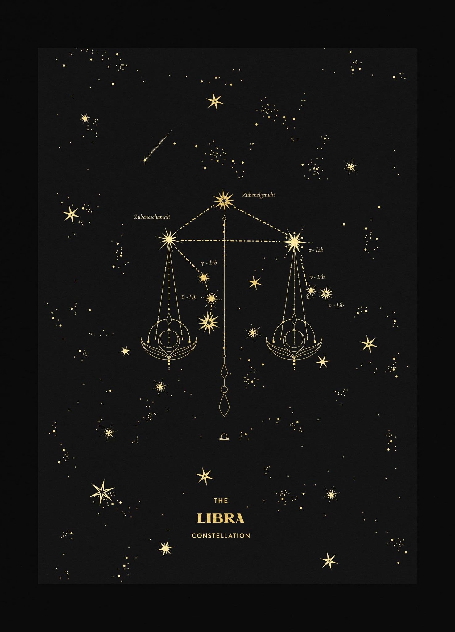 A black and gold poster with stars on it - Constellation, Libra