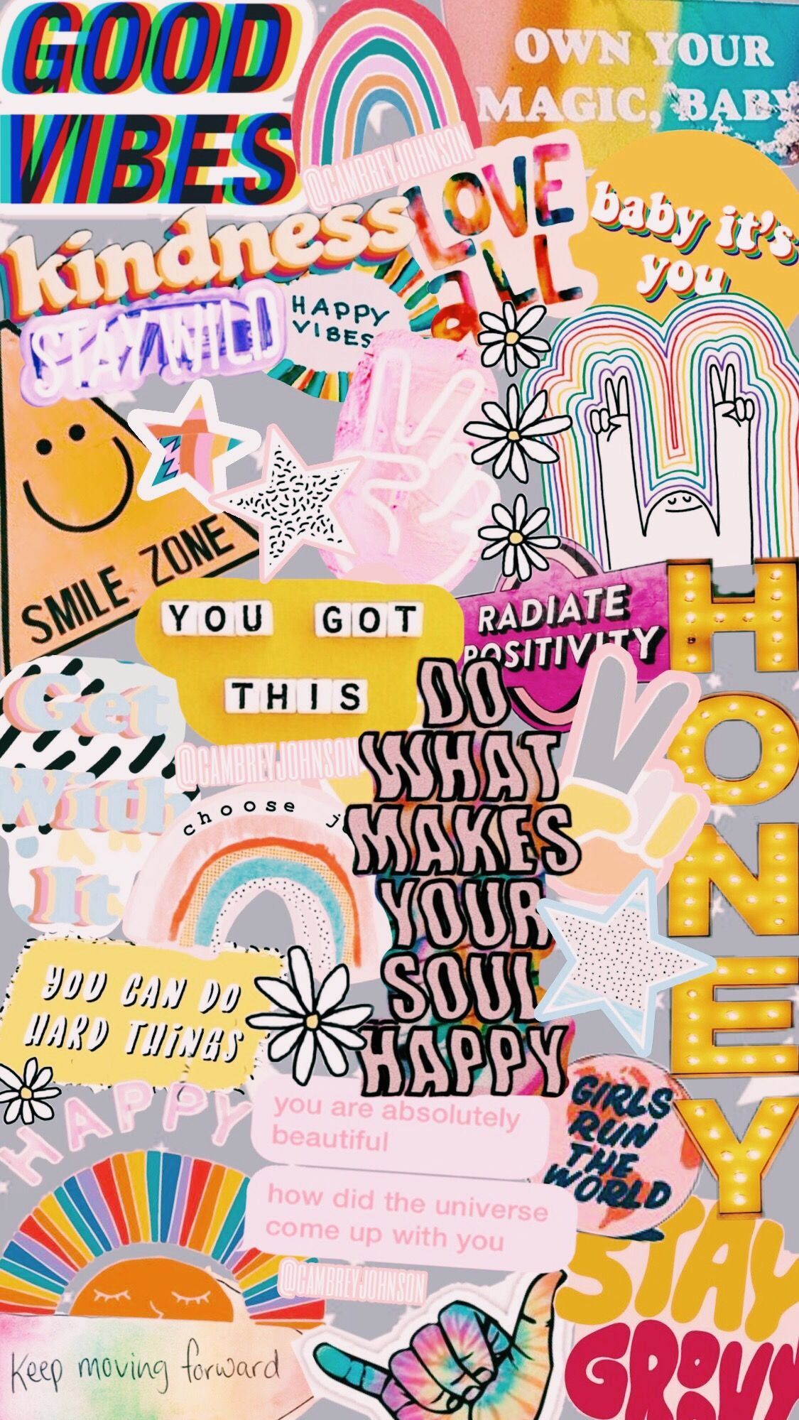 A collage of various rainbow and positivity stickers on a grey background - Colorful, positivity, smile, VSCO