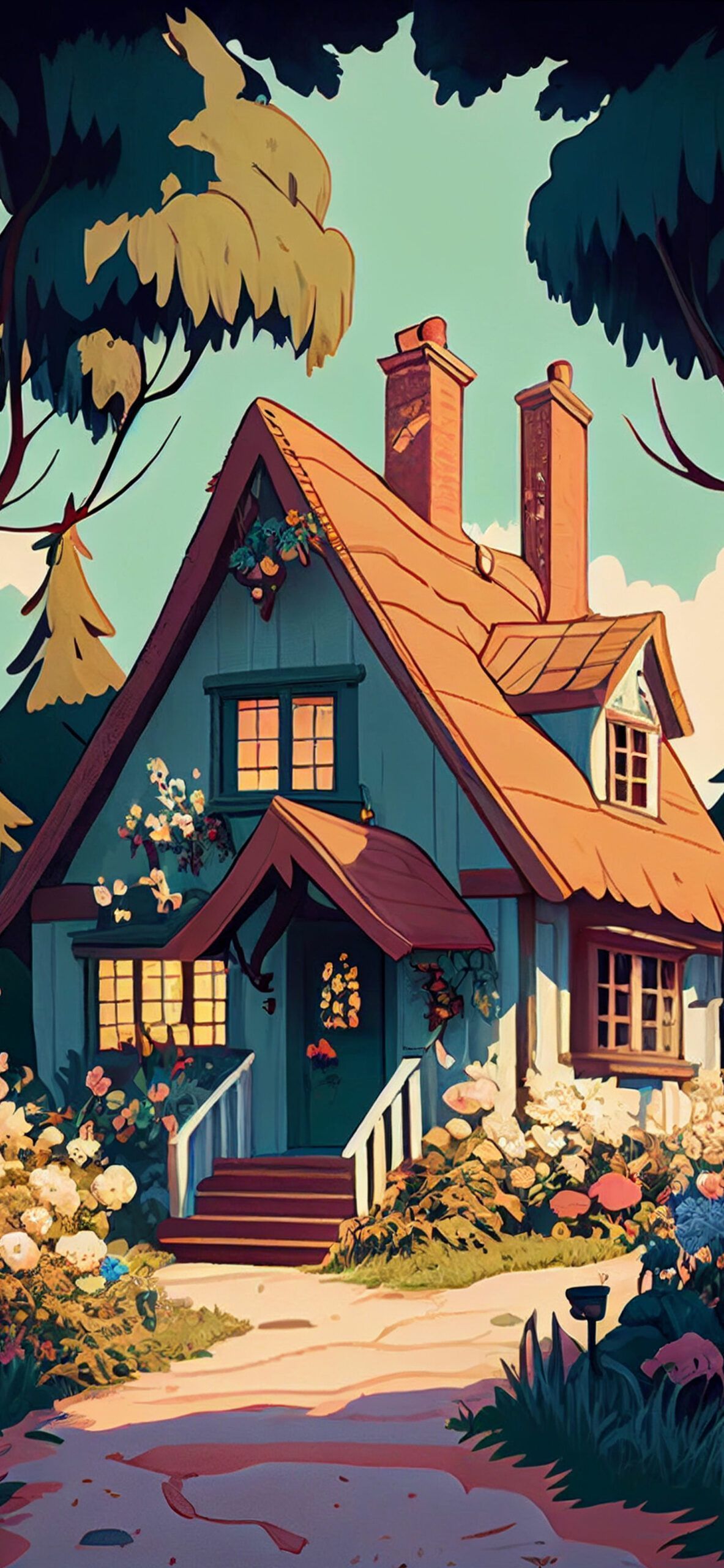 A cartoon house with flowers and trees - Cottagecore