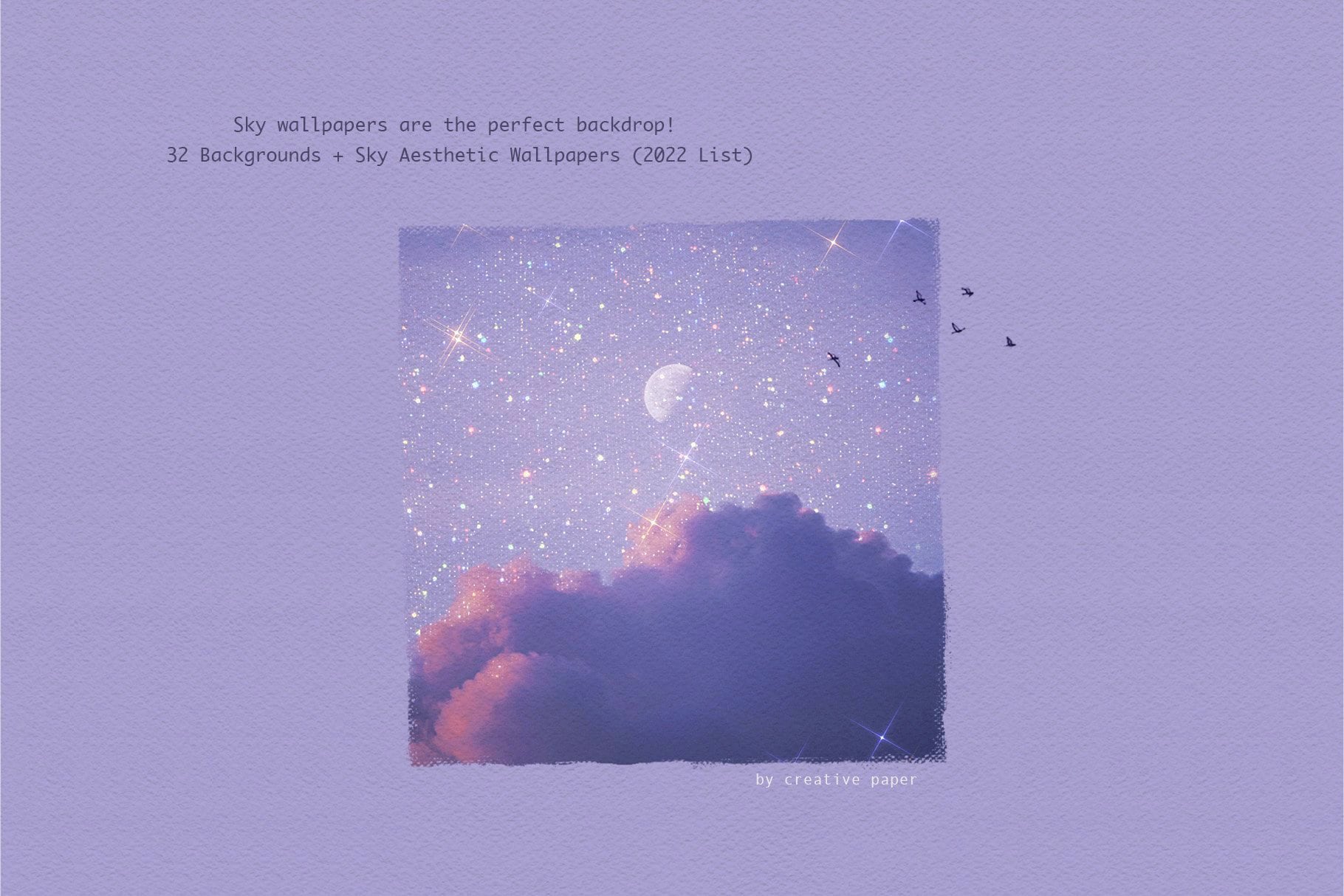 Aesthetic sky wallpaper with a crescent moon, stars, and birds flying in the night sky. - Constellation, sky