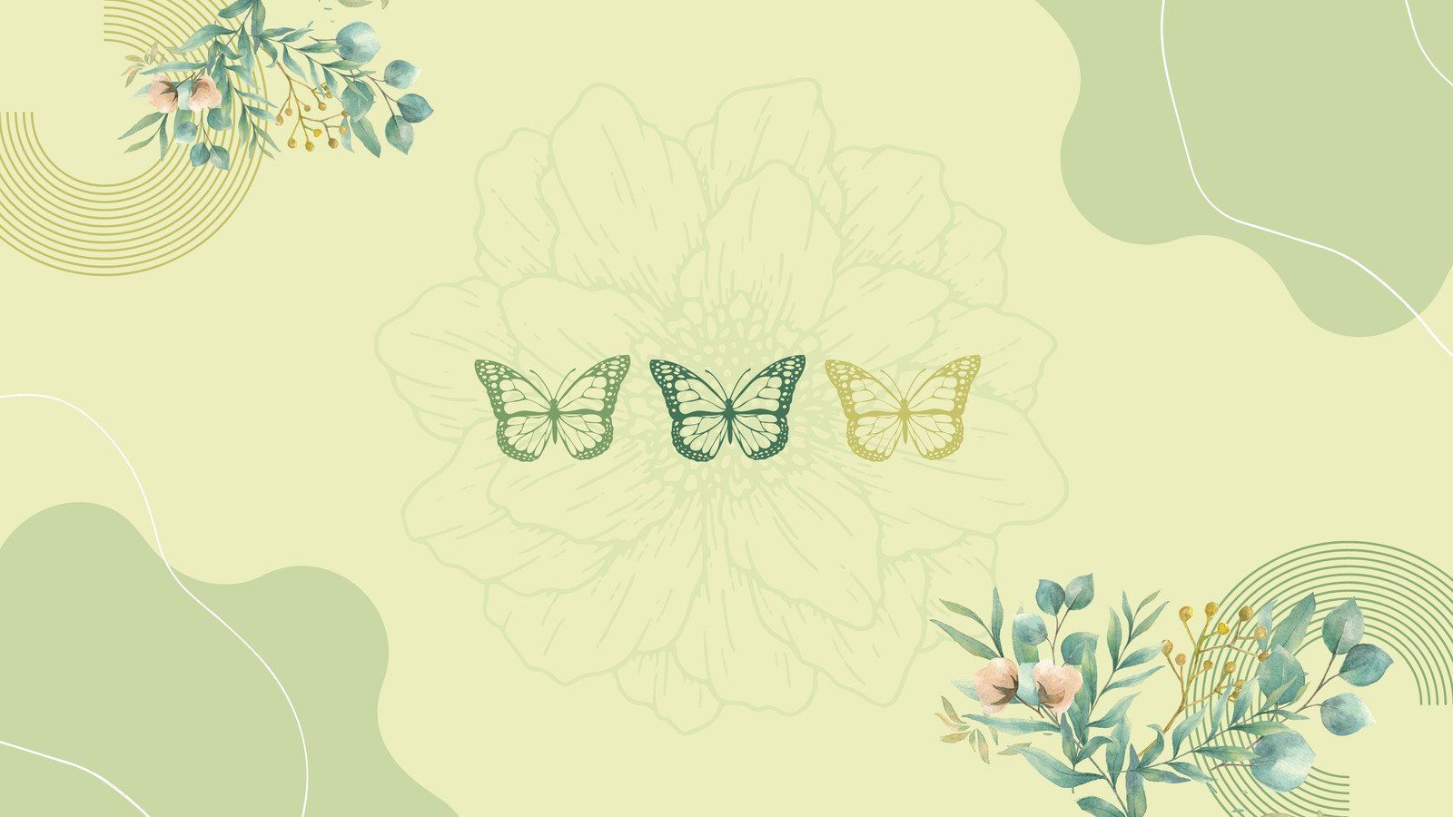 A pale green background with a large flower in the middle and butterflies around it. - Sage green, green