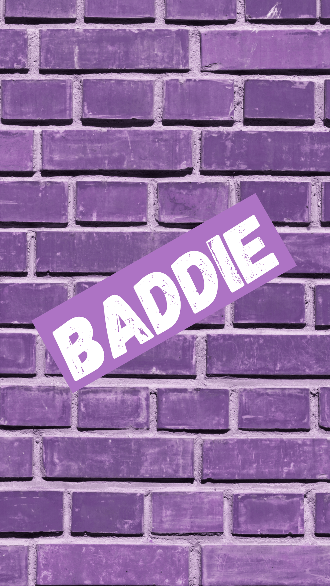 A purple brick wall with a purple rectangle in the center that says 