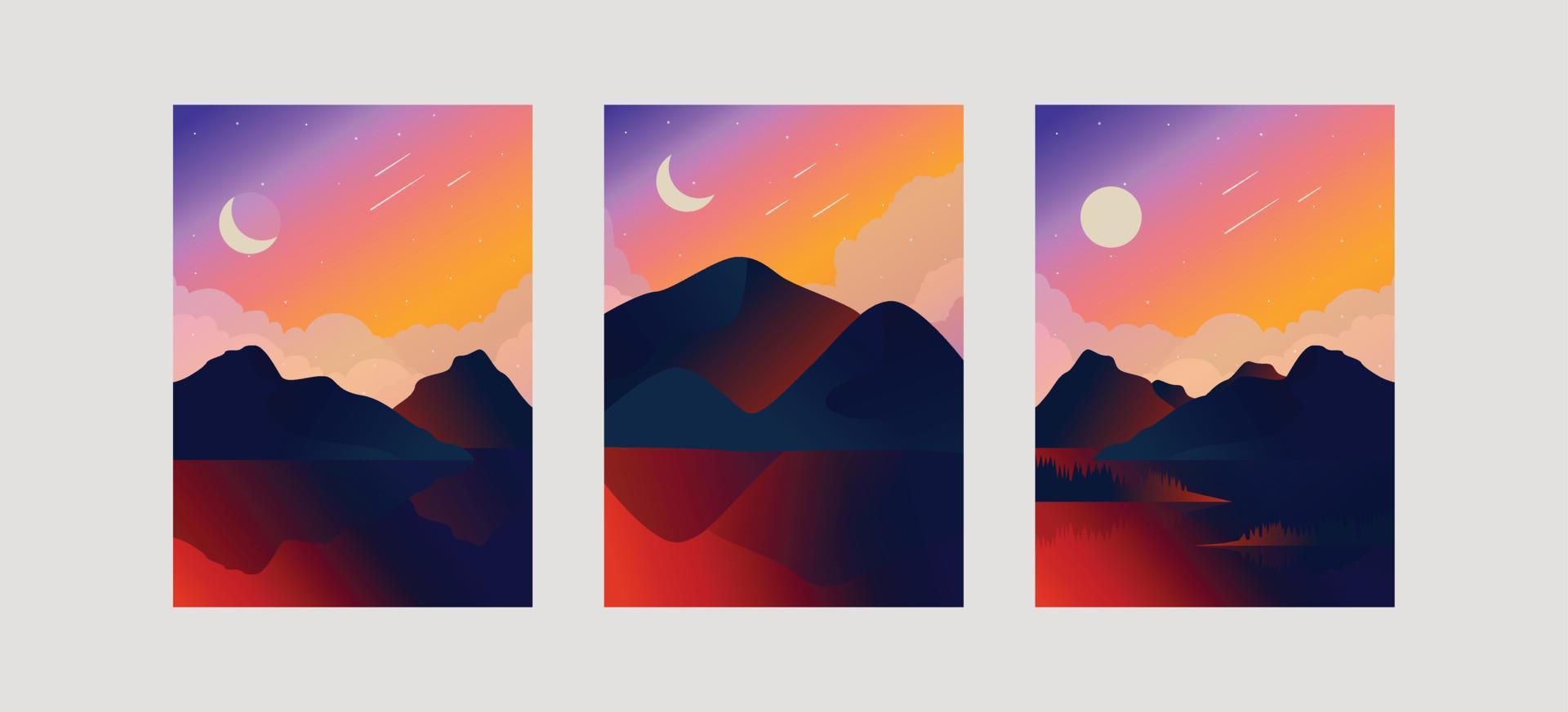 A series of three colorful vector landscapes with mountains, hills, and a lake. - Colorful, landscape