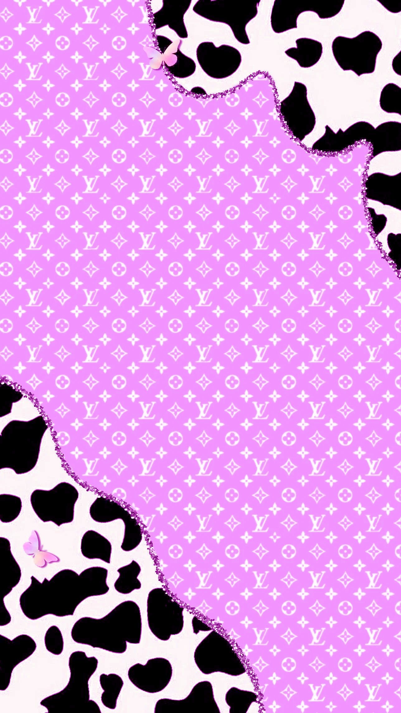 Aesthetic purple Louis Vuitton wallpaper with cow print and butterflies - Cow