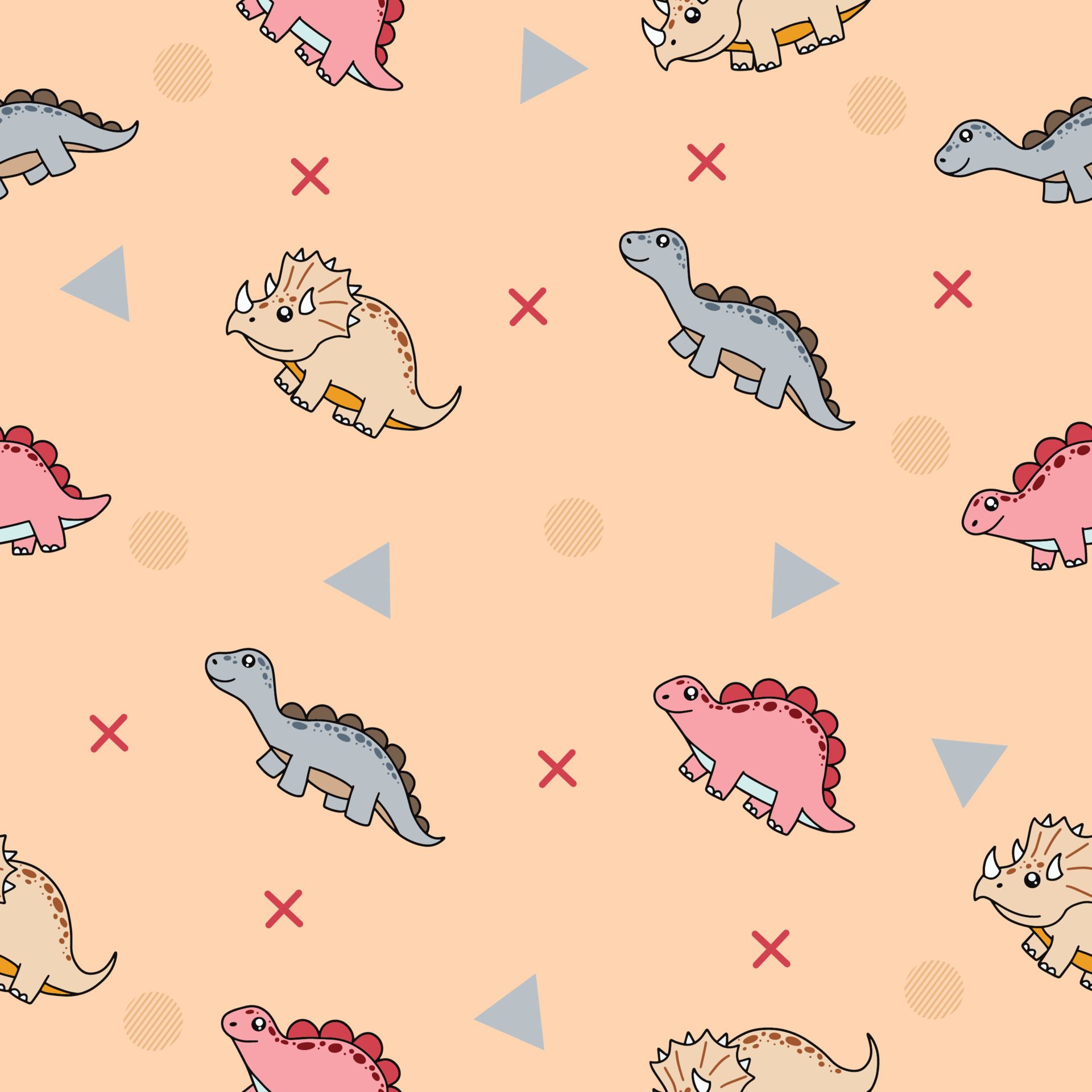 A seamless pattern of cartoon dinosaurs on a peach background - Dinosaur