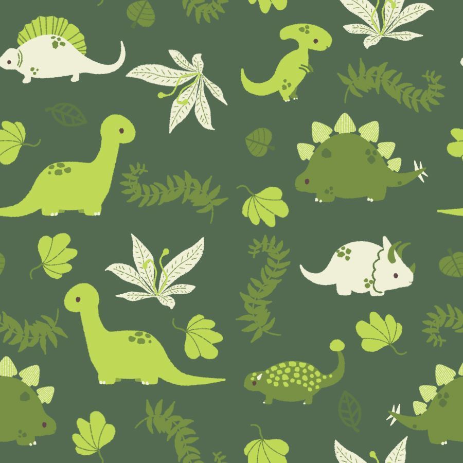 A green and white pattern of cartoon dinosaurs and leaves - Dinosaur