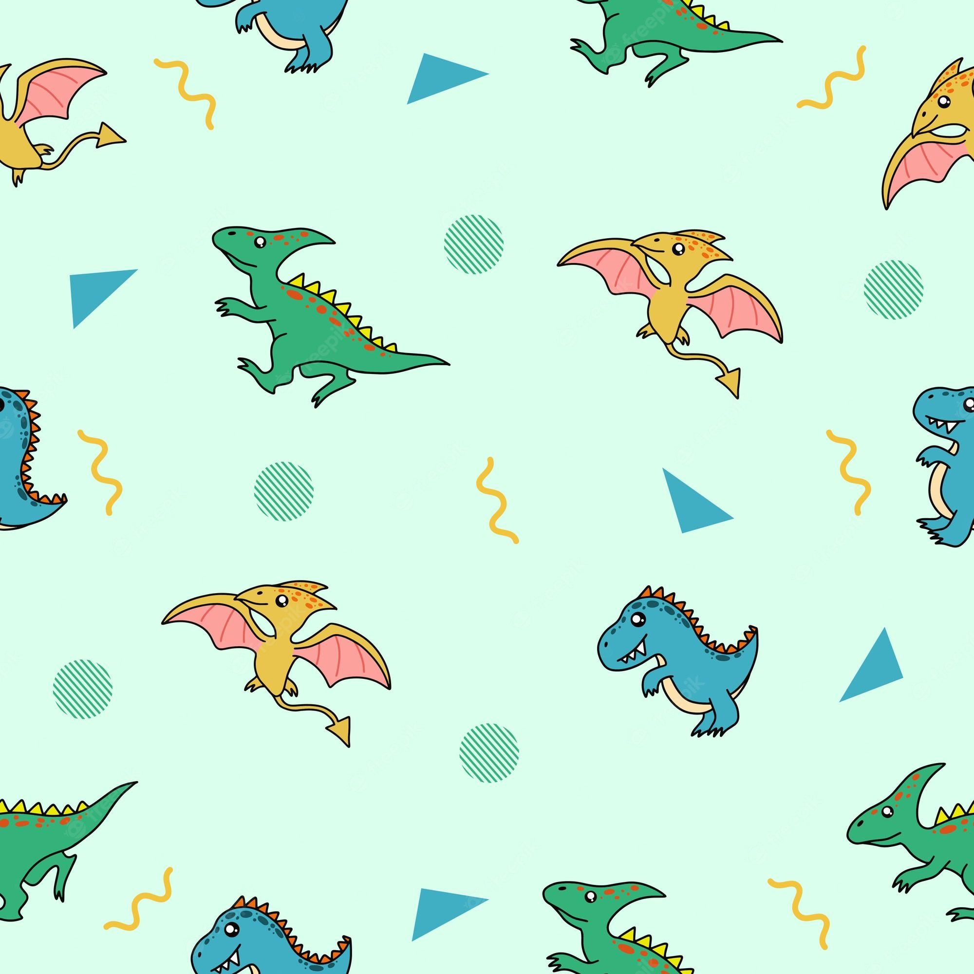 A pattern of cartoon dragons and geometric shapes in green, blue, and pink. - Dinosaur