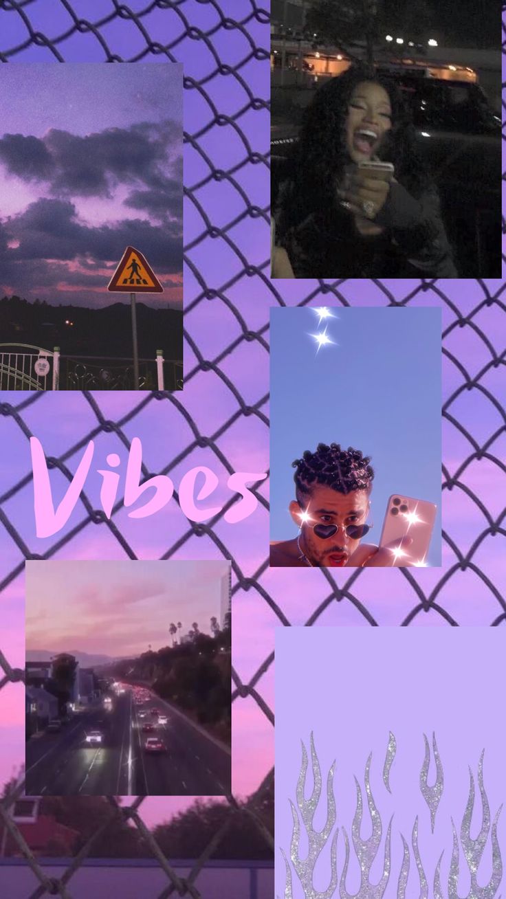 A collage of pictures with the word vibe in it - Bad Bunny