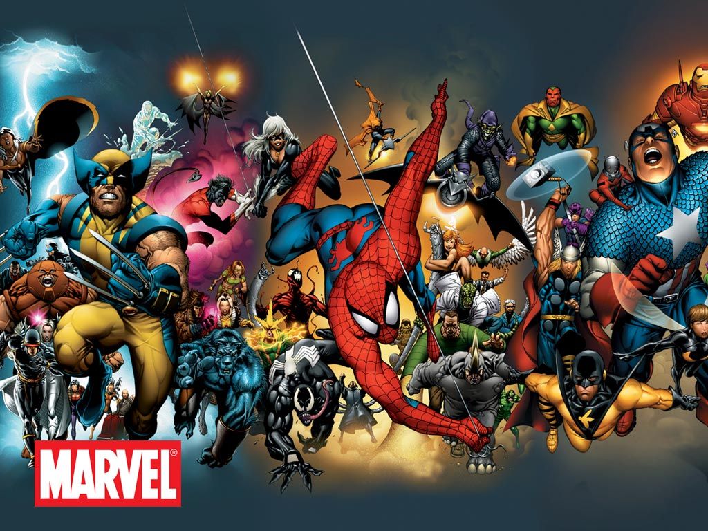 A group of Marvel comic book characters including Spiderman, Iron Man, Captain America, and The Hulk. - Marvel