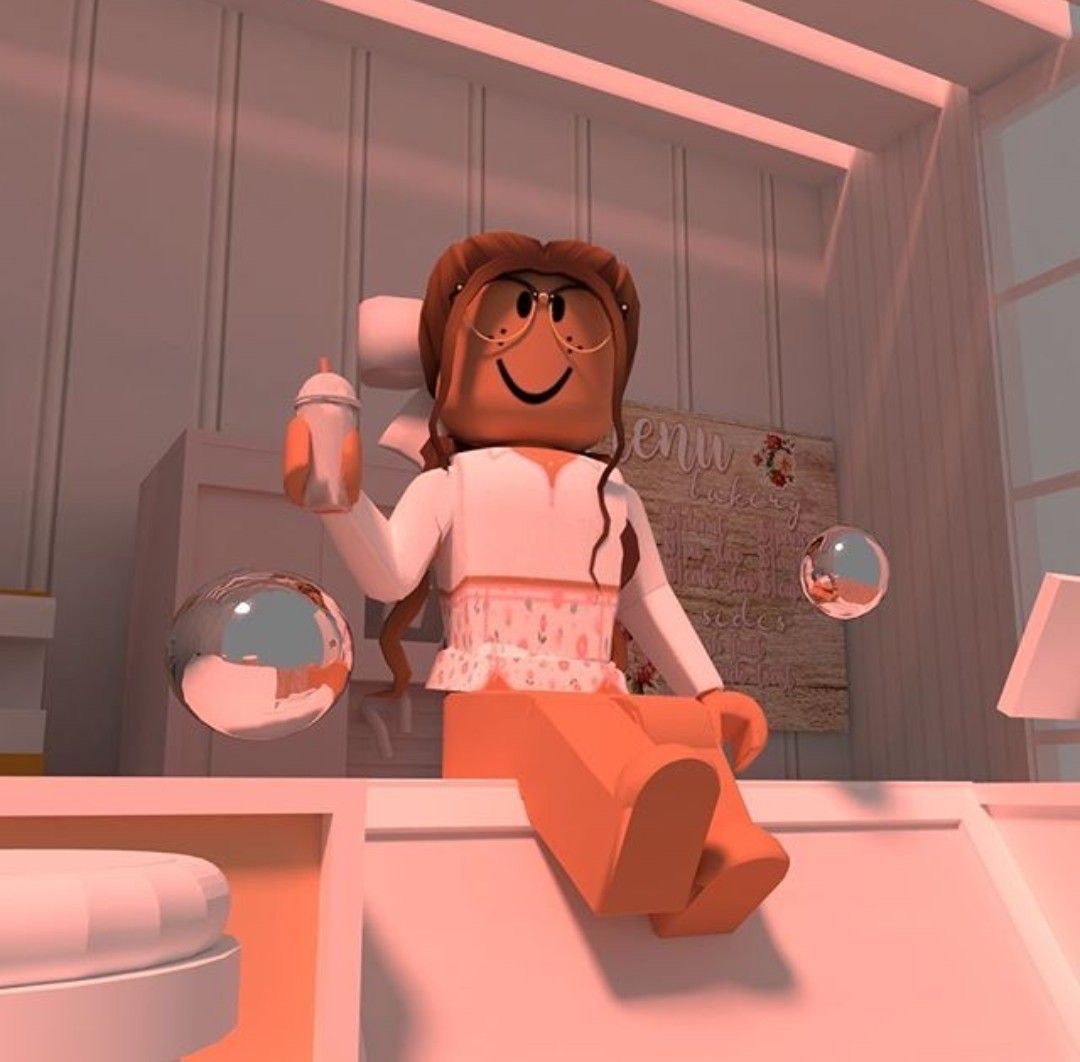 Roblox girl sitting on a counter in a pink bathroom - Roblox