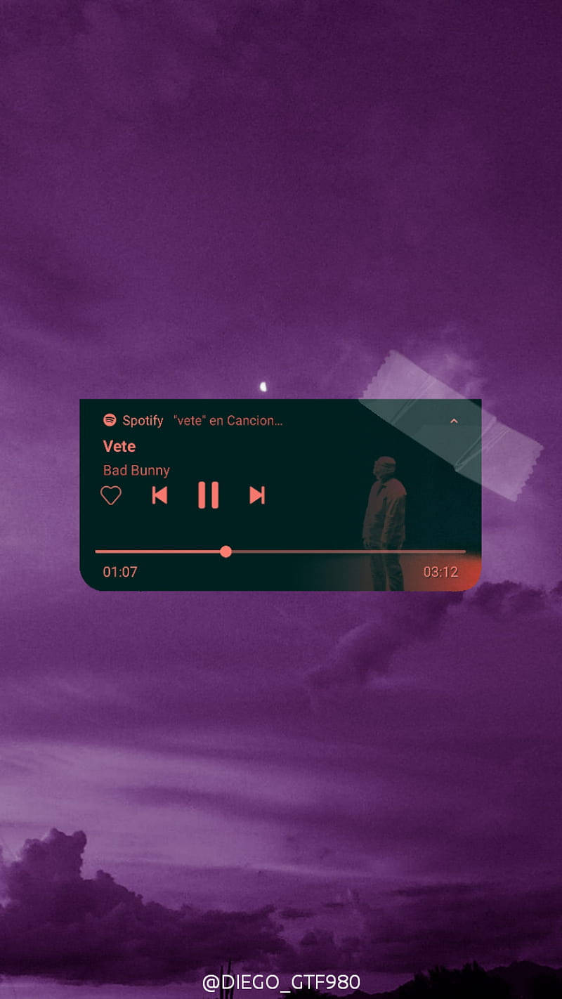 A purple image with clouds and a Spotify player in the middle - Bad Bunny, music, Spotify