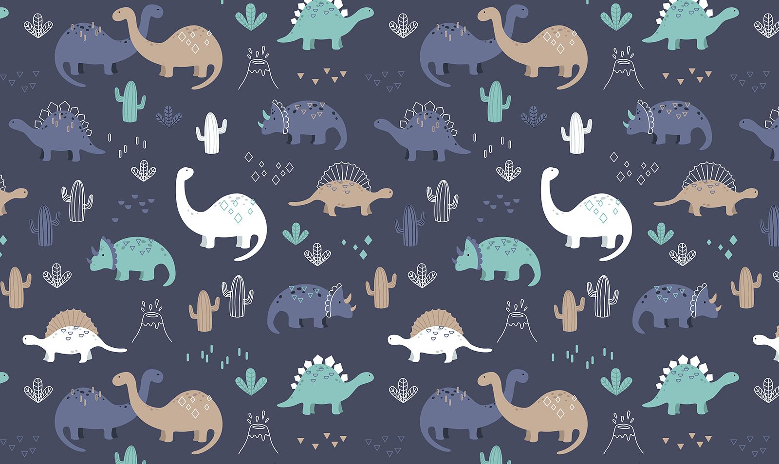 A pattern of various cartoon dinosaurs in blue, green and brown on a dark blue background. - Dinosaur