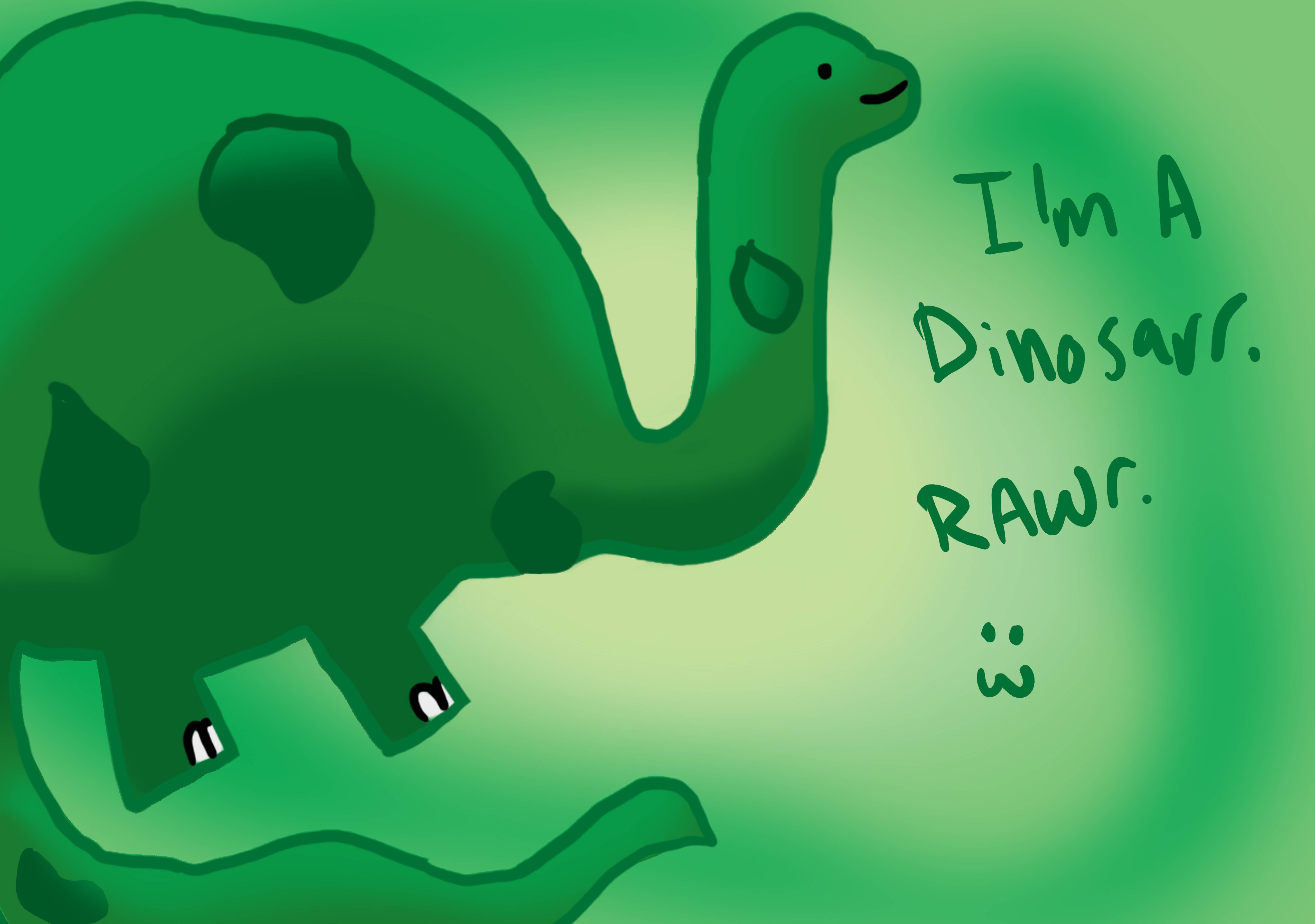 A green dinosaur with the words 