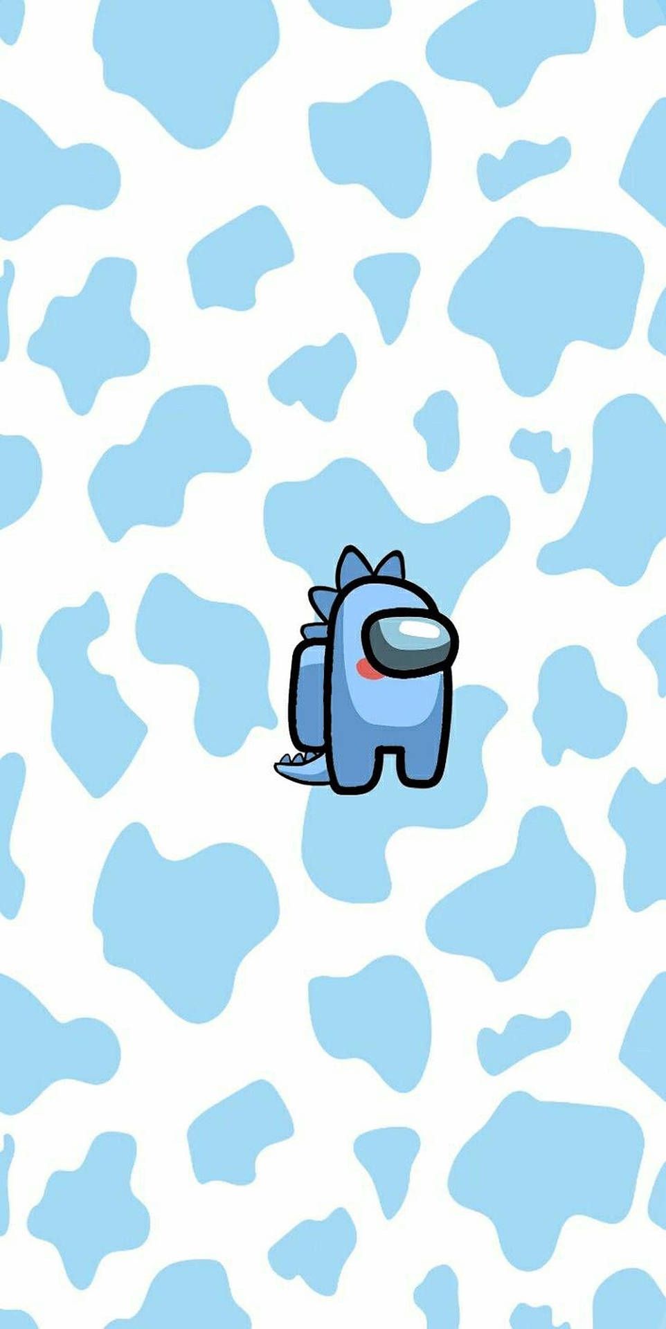 A blue cartoon character is sitting on top of some white and gray spots - Cow, Among Us