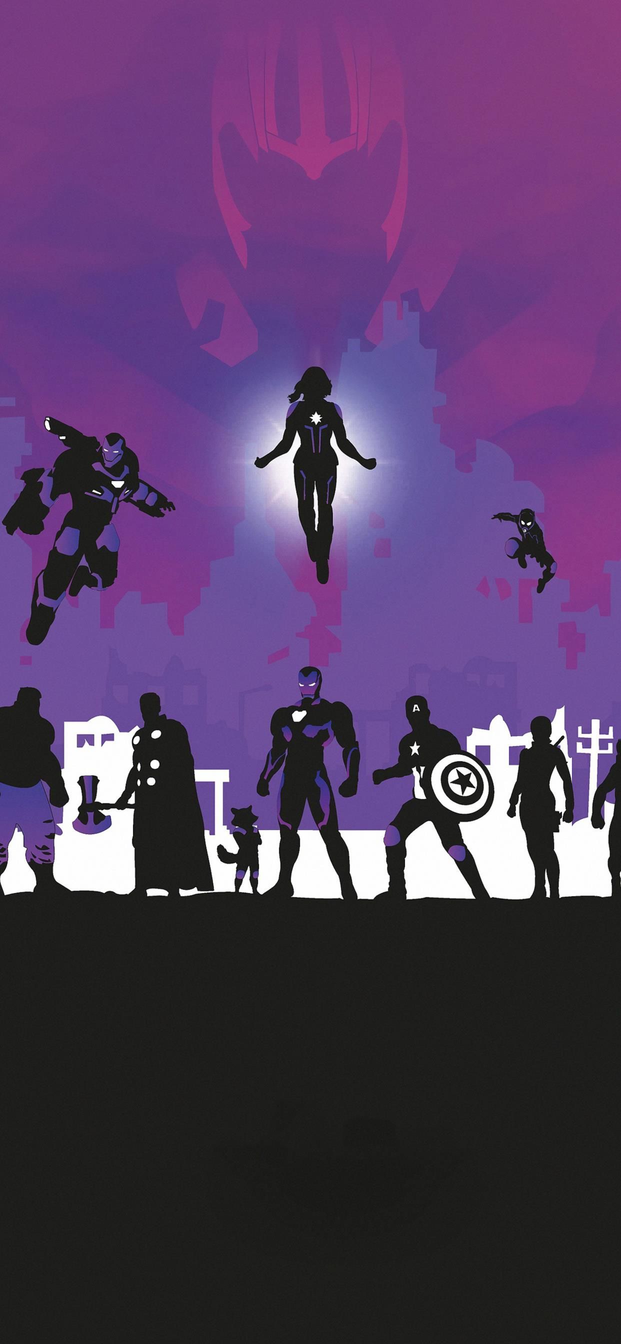 A purple and pink superhero wallpaper with the silhouette of the Avengers team. - Marvel, Avengers