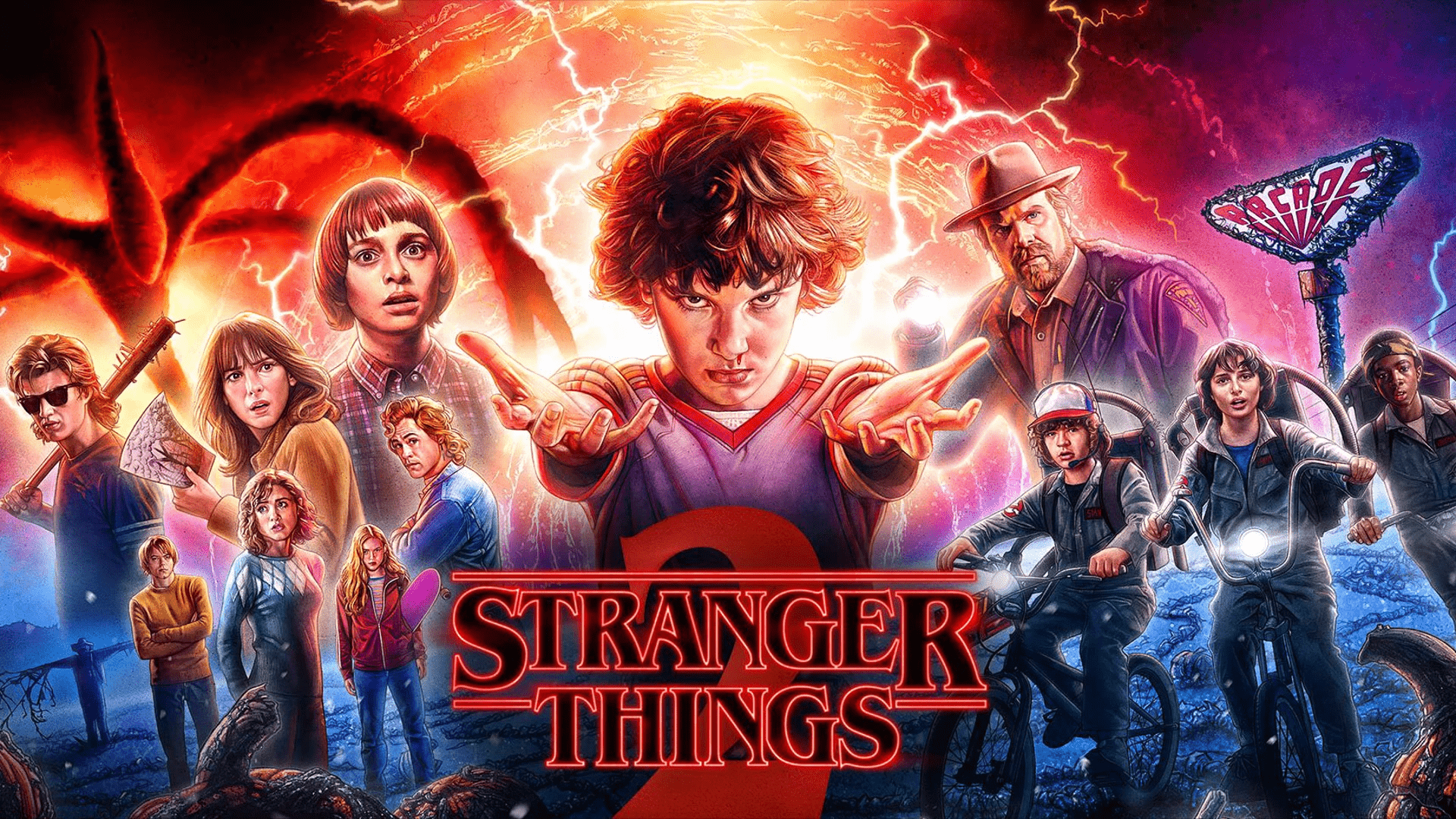 Stranger Things 2 promotional poster with the characters in a group surrounded by lightning. - Stranger Things