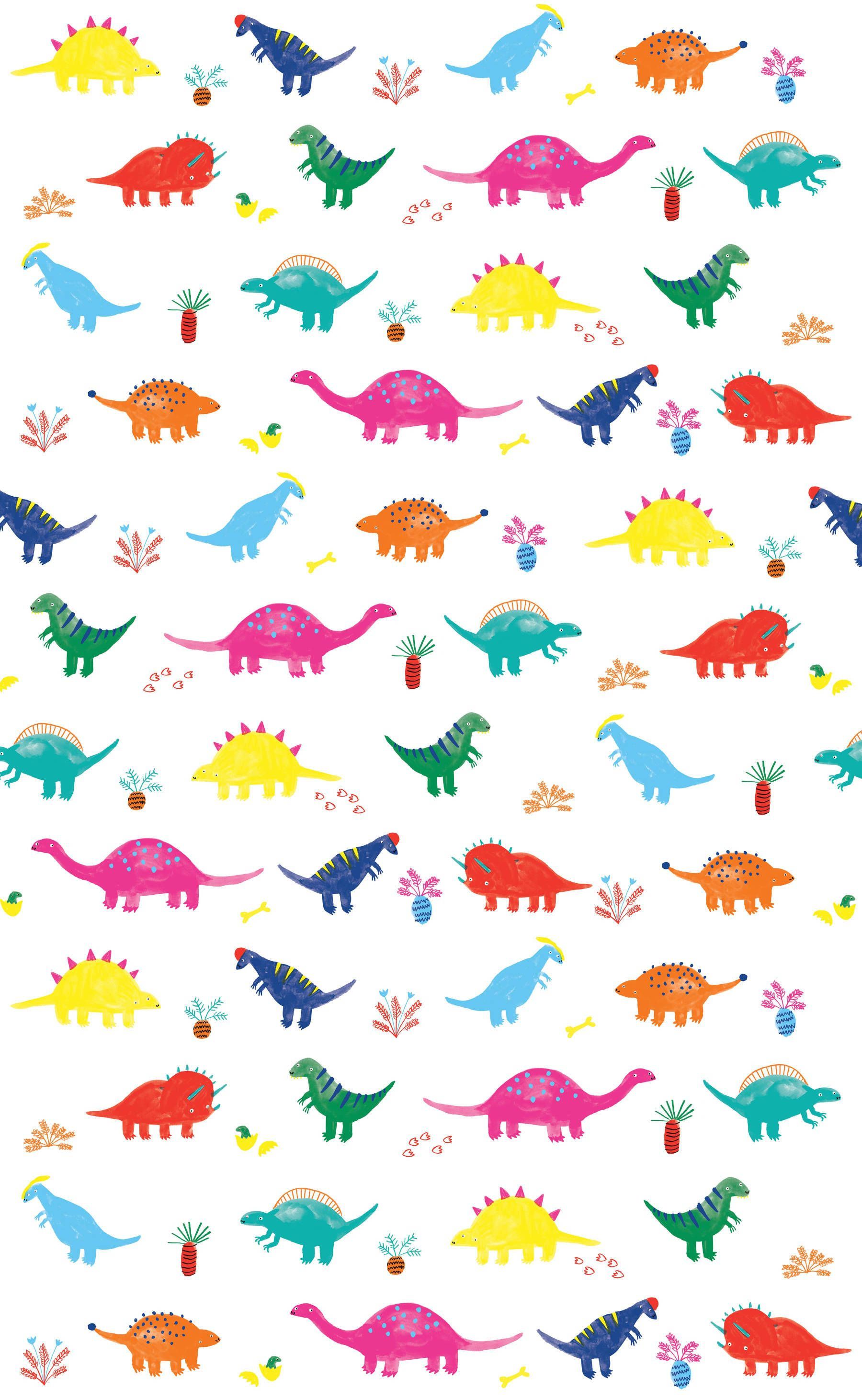 A white wrapping paper with a pattern of different coloured dinosaurs and plants - Dinosaur