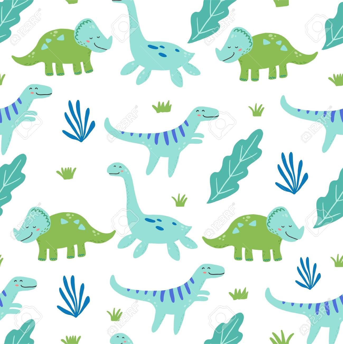 Seamless pattern with dinosaurs and leaves - Dinosaur