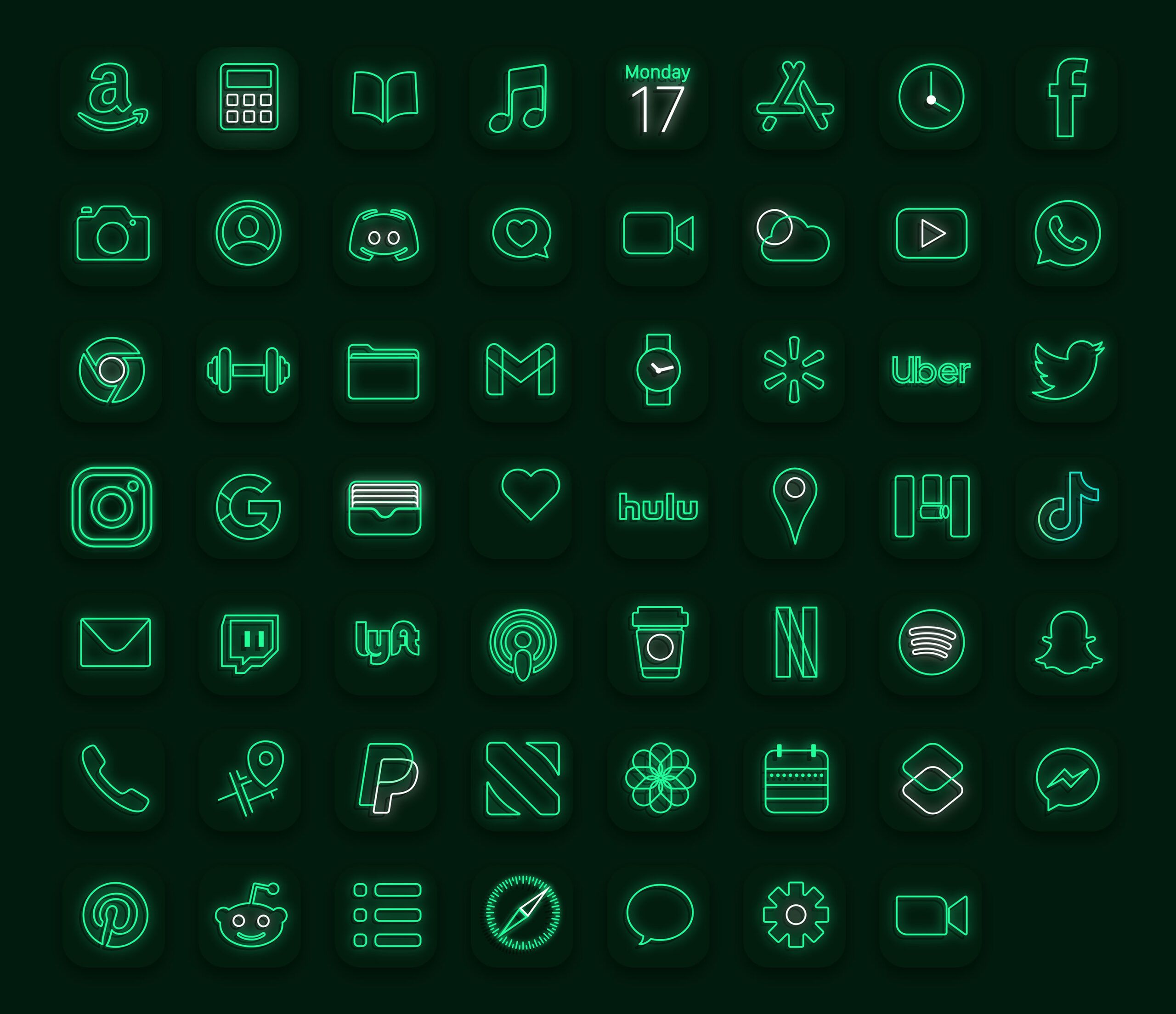 Set of neon social media icons on a dark background - Lime green