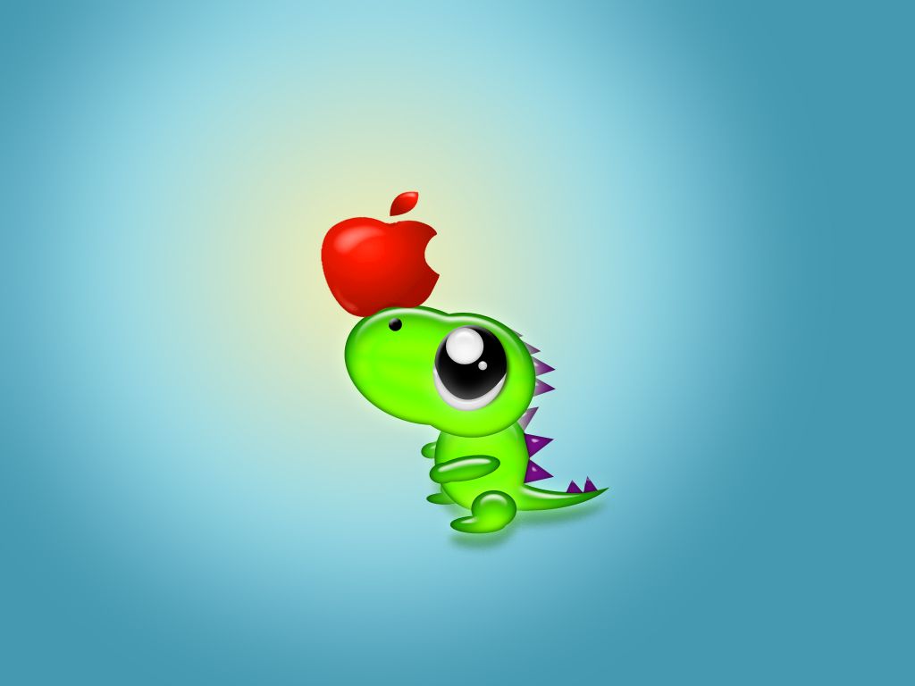 A cute little green dinosaur holding an apple - Dinosaur