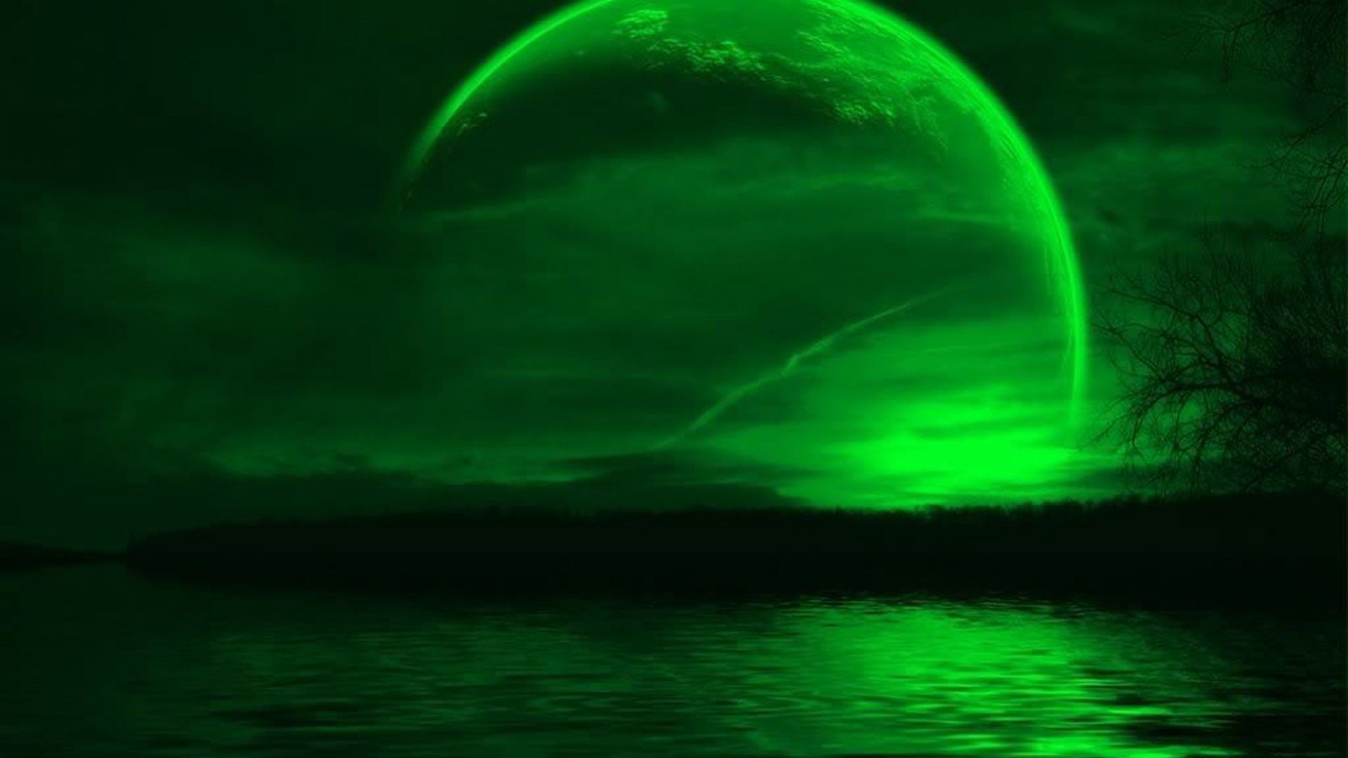 Green Moon Sky Background Reflection On Water HD Green Aesthetic Wallpaper