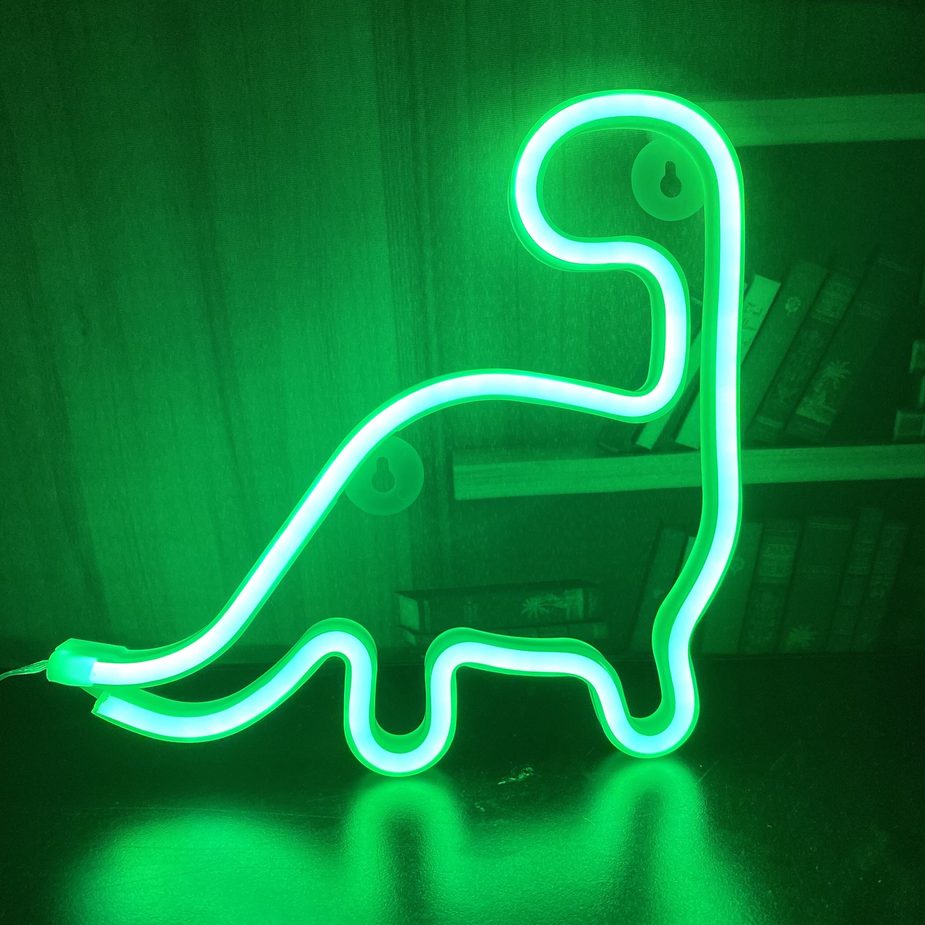 A green neon sign in the shape of a dinosaur. - Neon green, dinosaur