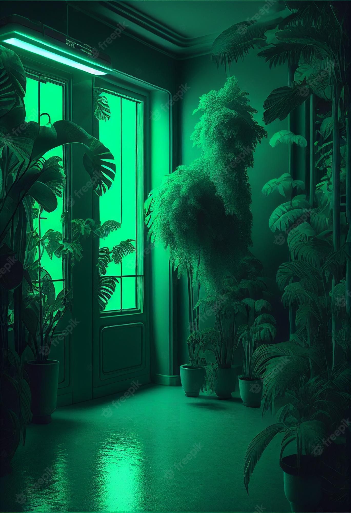 A room with green lighting and plants - Neon green, dark green, lime green