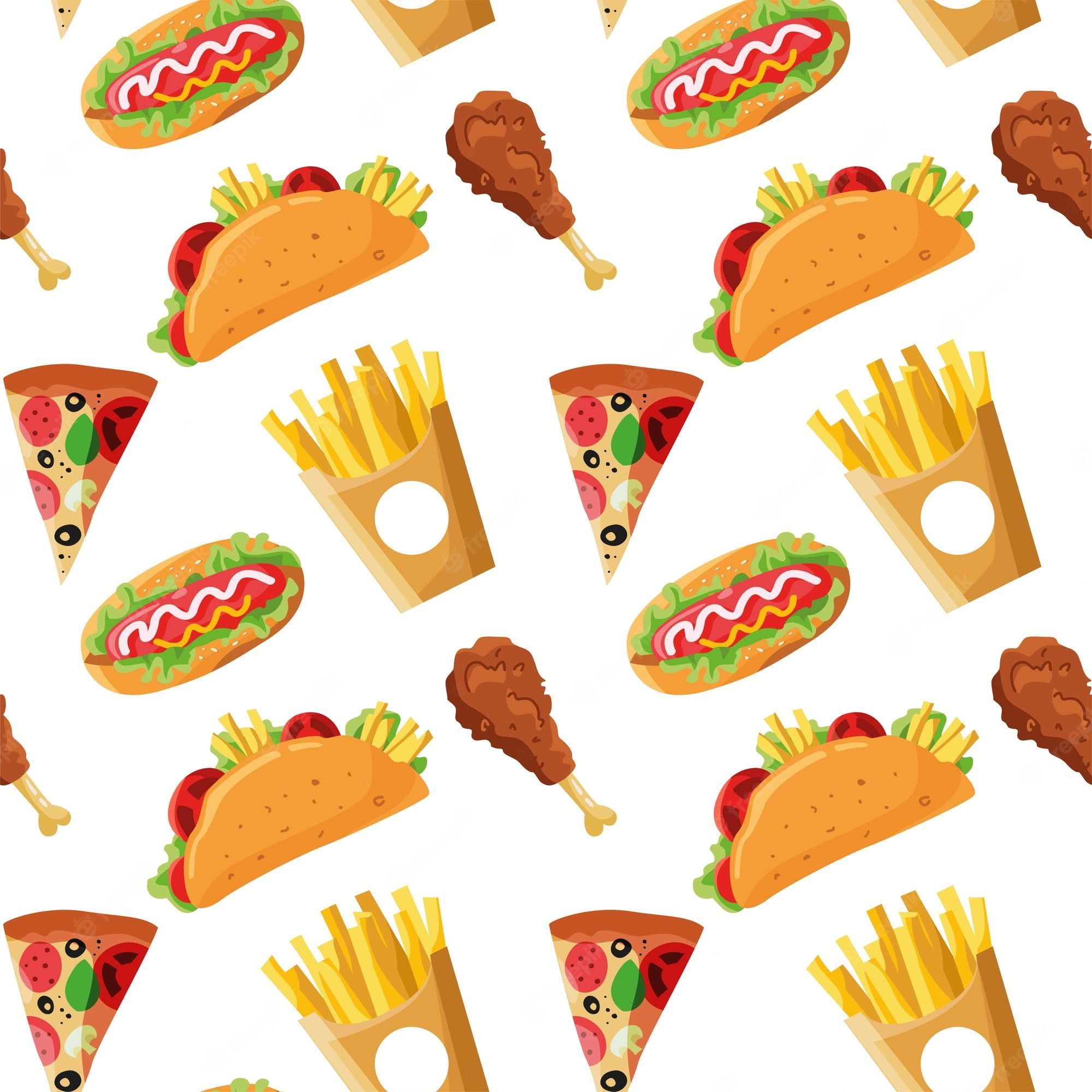 Premium Vector. Fast food seamless doodle pattern hotdog pizza fries taco junk food background for banner