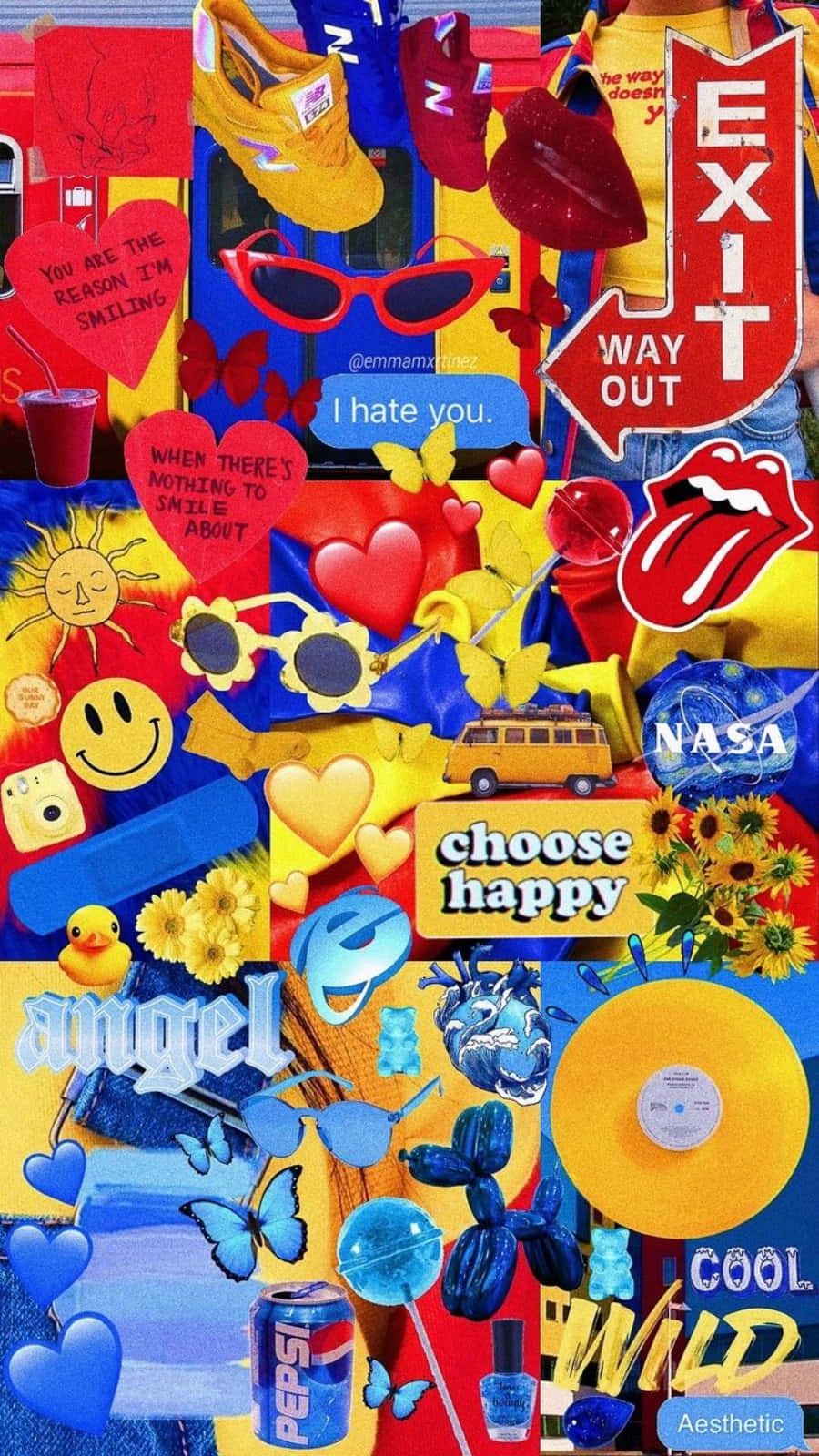A collage of red, yellow, and blue images including a stop sign, a smiley face, a red lip print, a yellow rose, a blue butterfly, a bottle of Nasa, and a CD. - Colorful