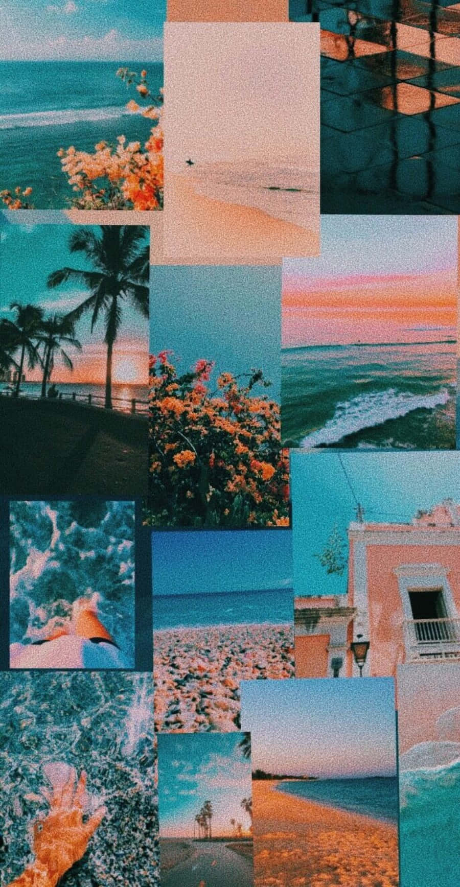 A collage of blue and pink aesthetic photos of the beach - Colorful, vintage, coral, bright