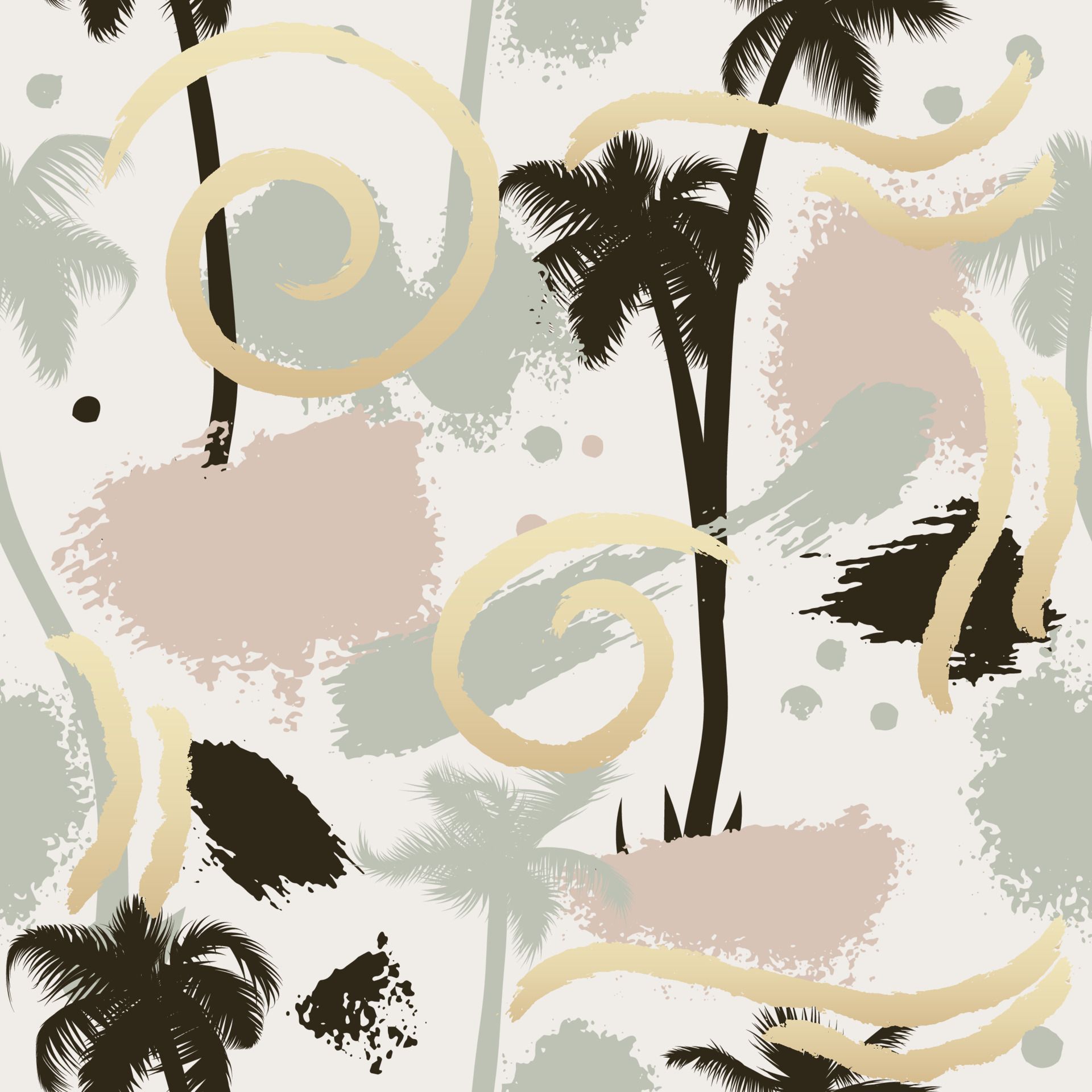 Abstract hand drawn tropical palm tree seamless pattern or background, brush painted textures, elements. Fashion grunge collage. Postcard, textile, wallpaper. Gold, pink, black and beige