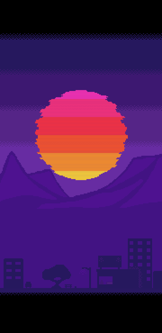 A sunset scene with mountains and buildings in the background - Vaporwave