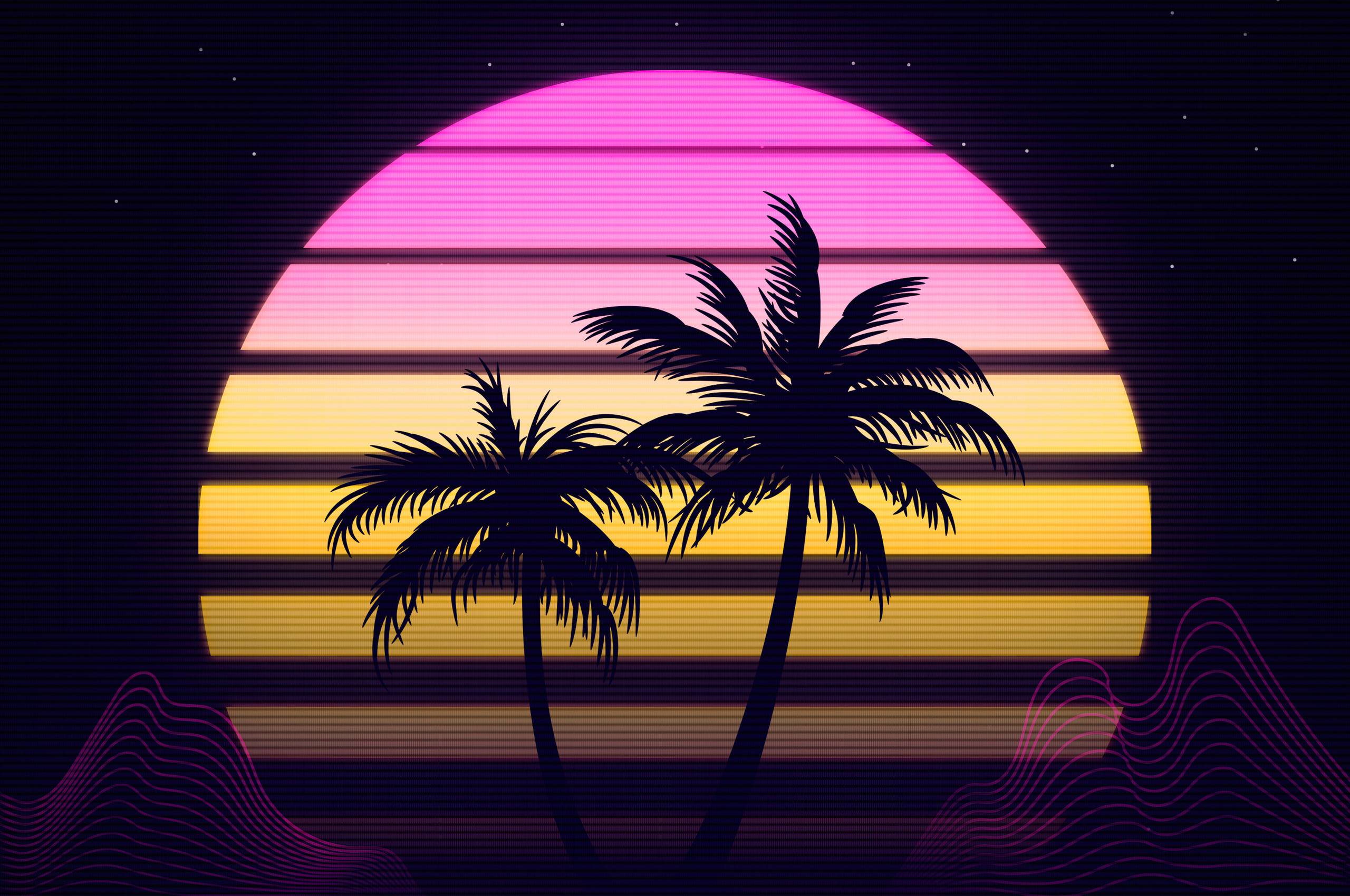 A retro style image of palm trees and the sun - Palm tree