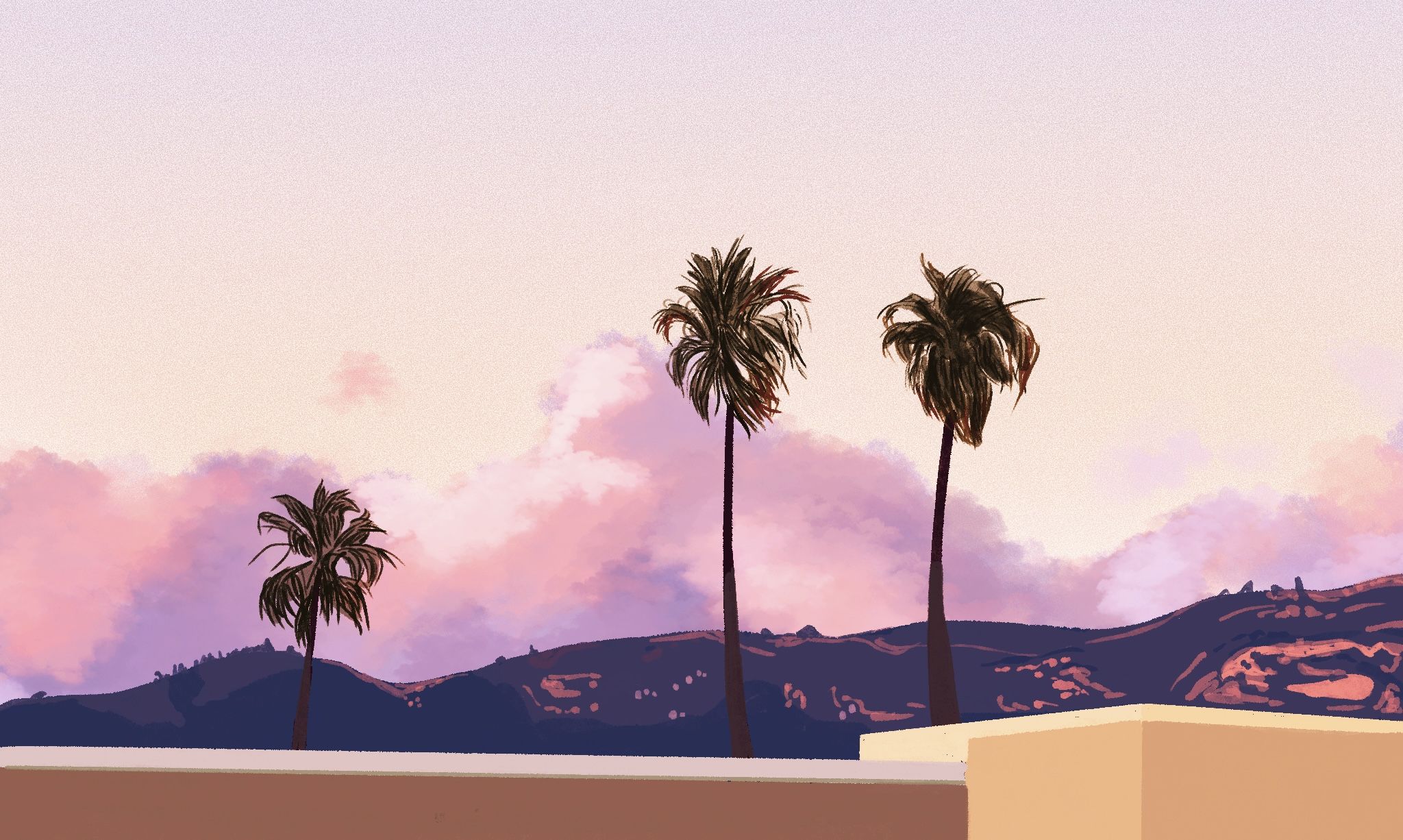 Illustration of three palm trees in front of a pink sky - Palm tree