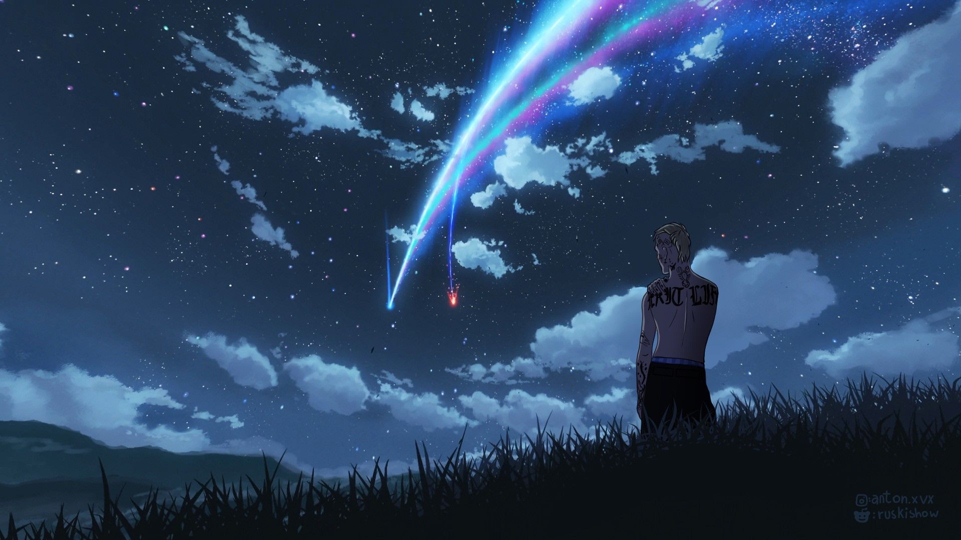 Kimi no Na Wa, shooting stars, clouds, stars, night, tattoo, mountains, lil peep, grass, parody, night sky Gallery HD Wallpaper