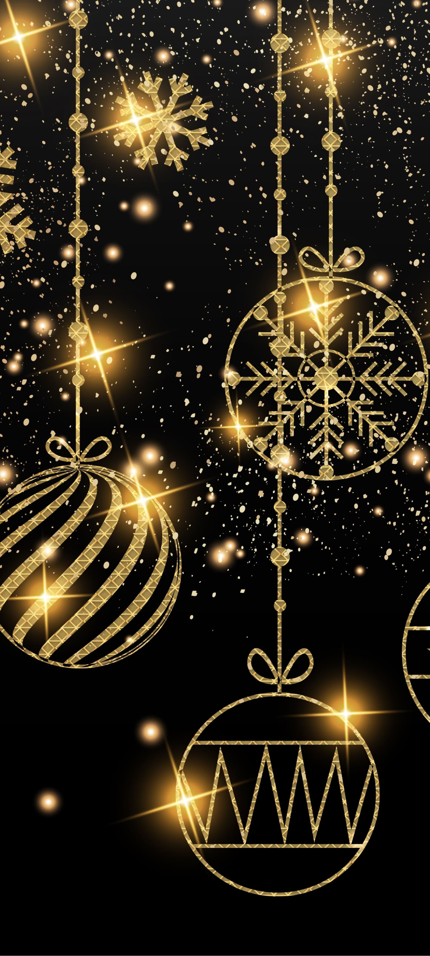 A black and gold Christmas wallpaper with baubles and snowflakes. - Cozy