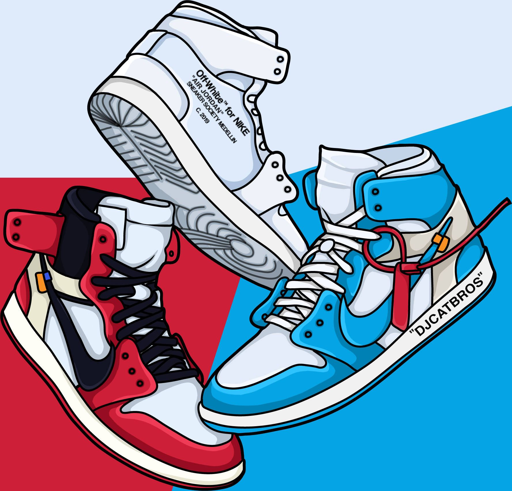 An illustration of two sneakers, one red and one blue, on a red, white, and blue background. - Shoes