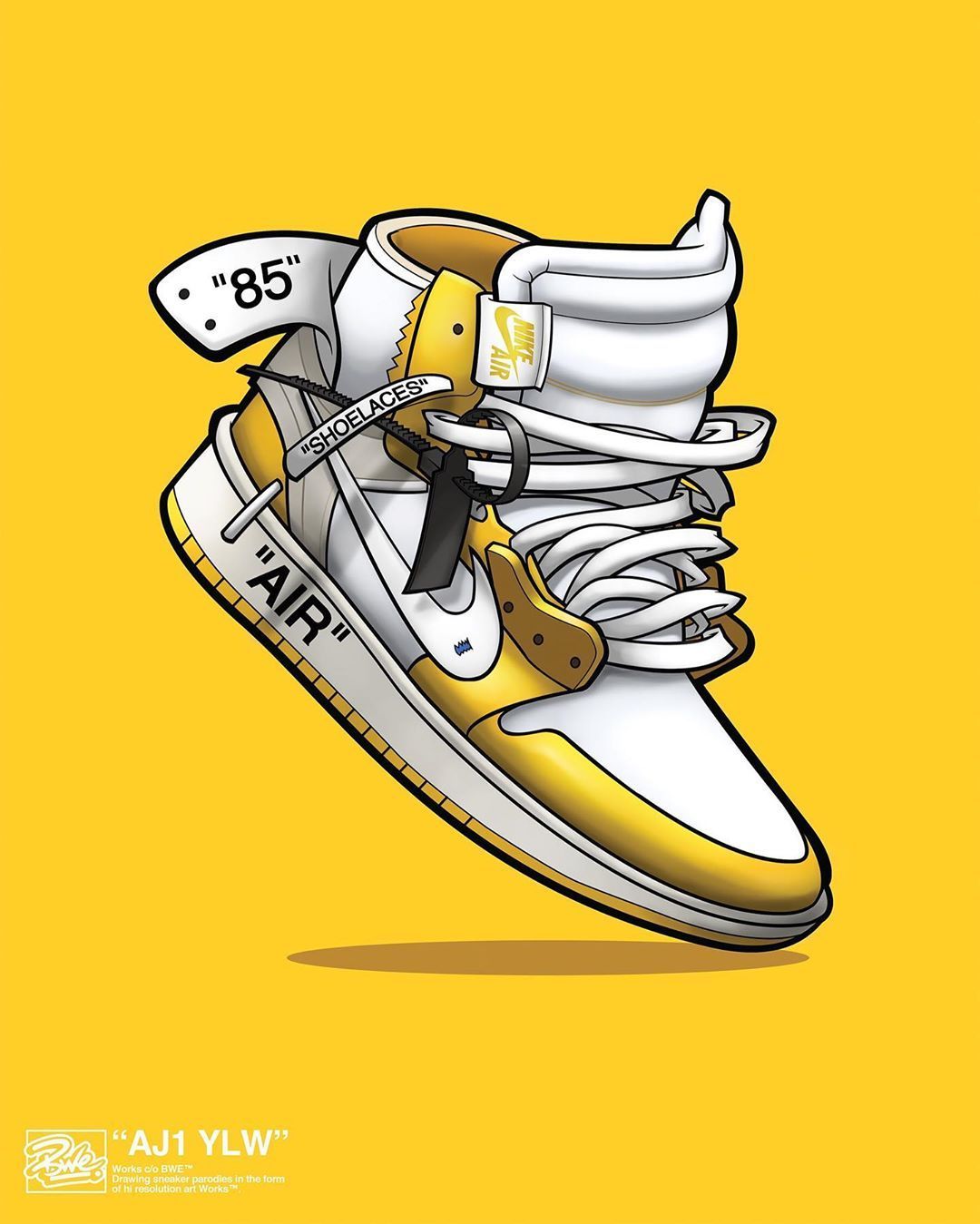 An illustration of a pair of white and yellow Nike sneakers. - Shoes