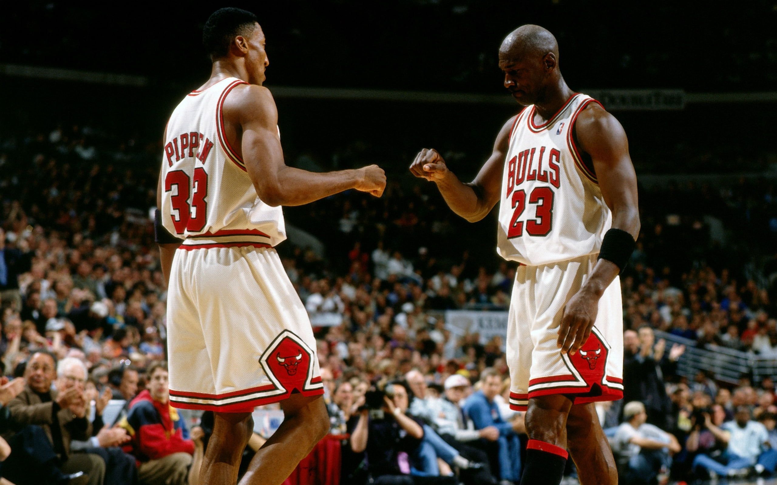 Scottie Pippen and Michael Jordan of the Chicago Bulls during a game in 1997. - NBA