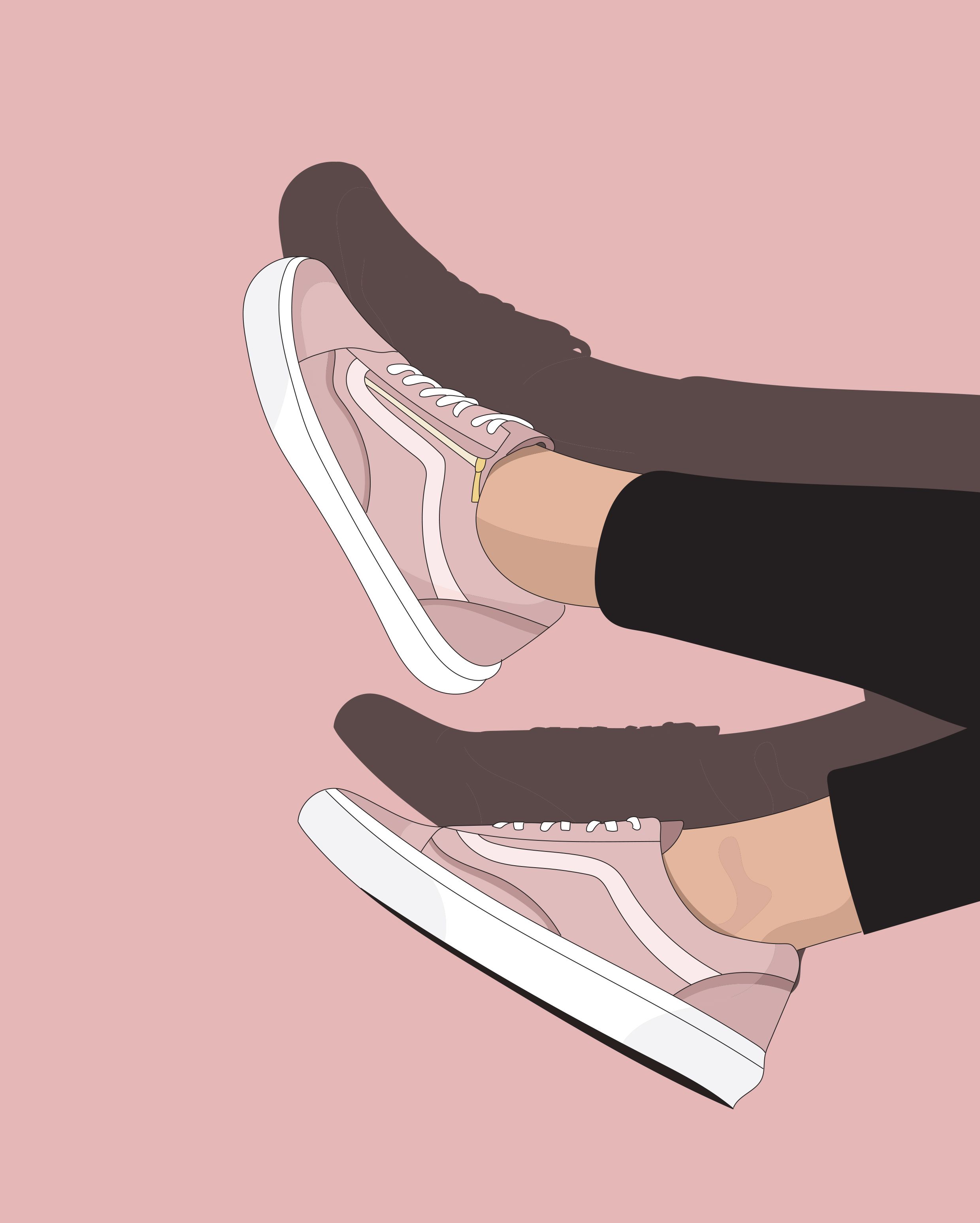 A pair of feet wearing pink sneakers with a pink background - Shoes, Vans