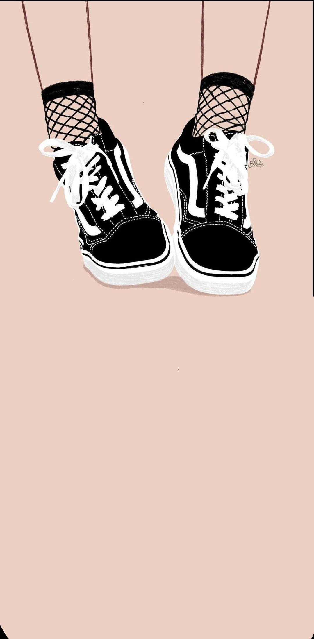 Aesthetic phone background of a pair of feet wearing black and white vans sneakers and fishnet socks - Shoes