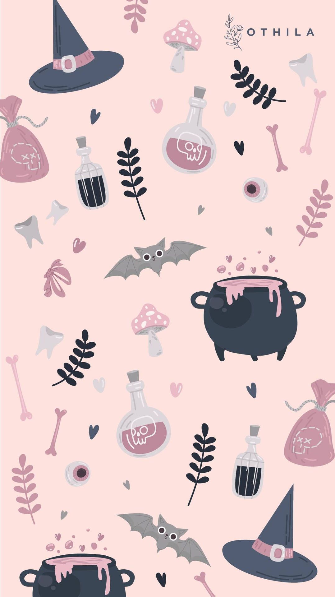 Witchy wallpaper with pink background, bats, cauldrons, and potions. - Witch