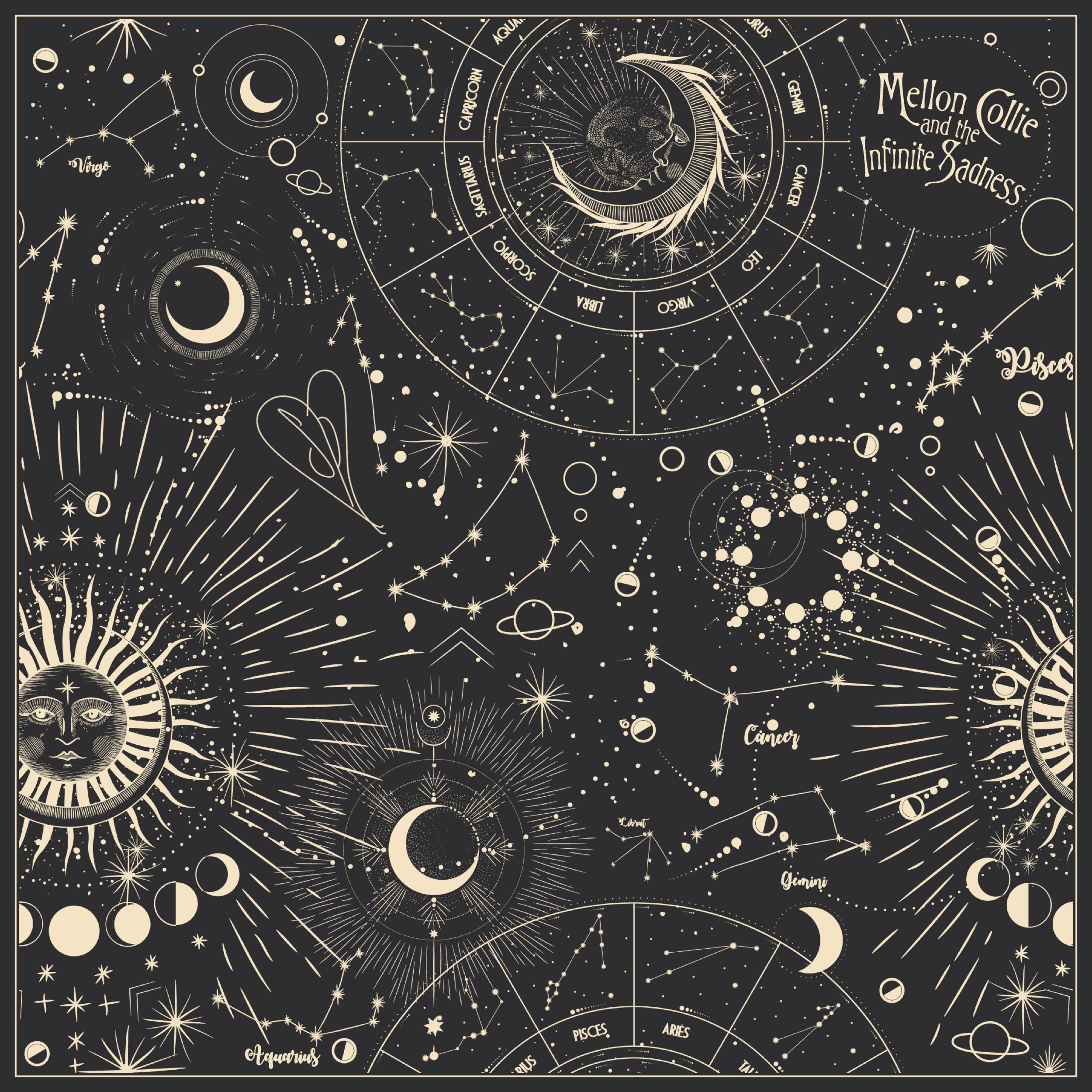 A black and white astrological chart with stars, planets - Witch